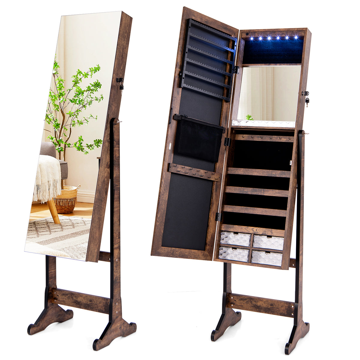 Free Standing Full Length Jewelry Armoire with Lights-Rustic Brown-Jewelry Armoires-DECOROLALA