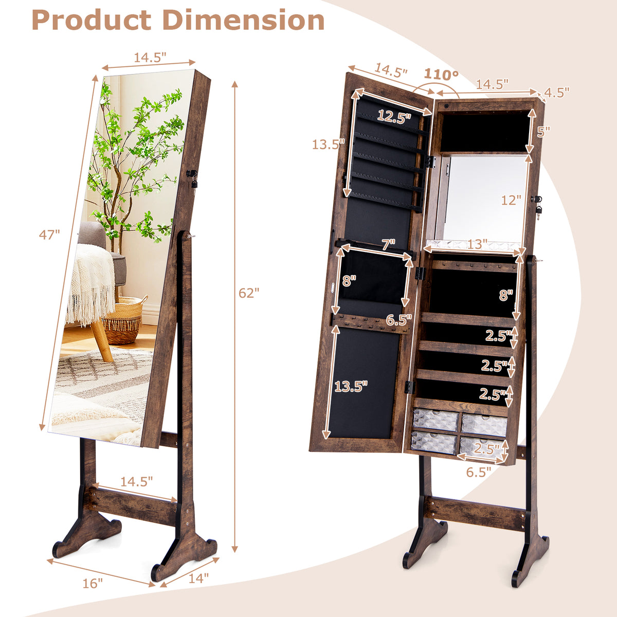 Free Standing Full Length Jewelry Armoire with Lights-Rustic Brown-Jewelry Armoires-DECOROLALA
