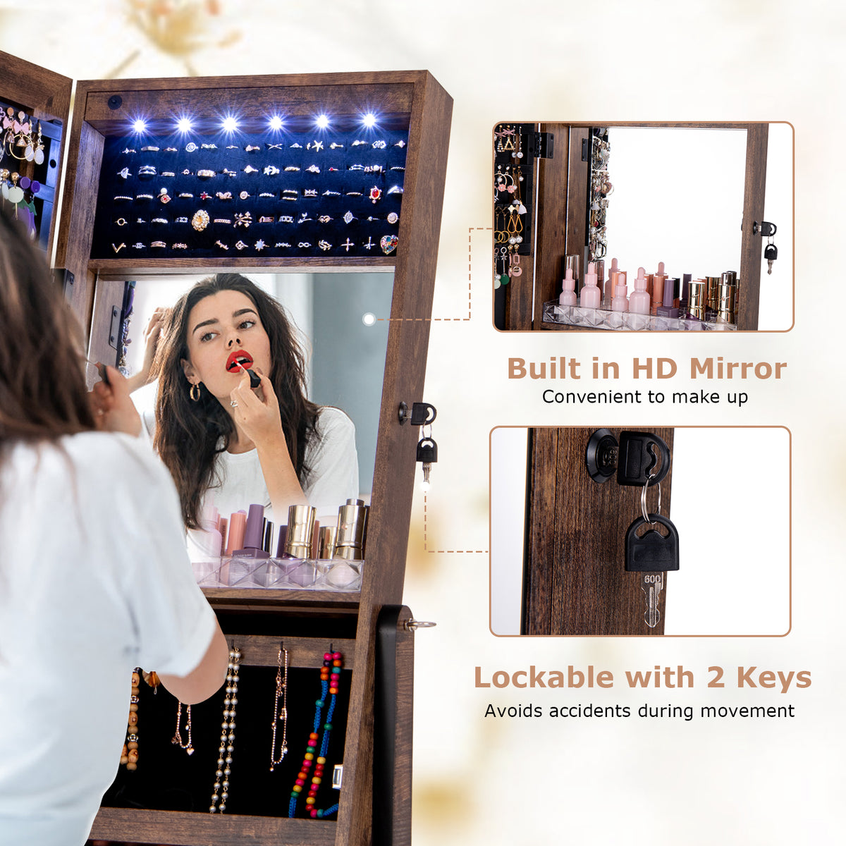 Free Standing Full Length Jewelry Armoire with Lights-Rustic Brown-Jewelry Armoires-DECOROLALA