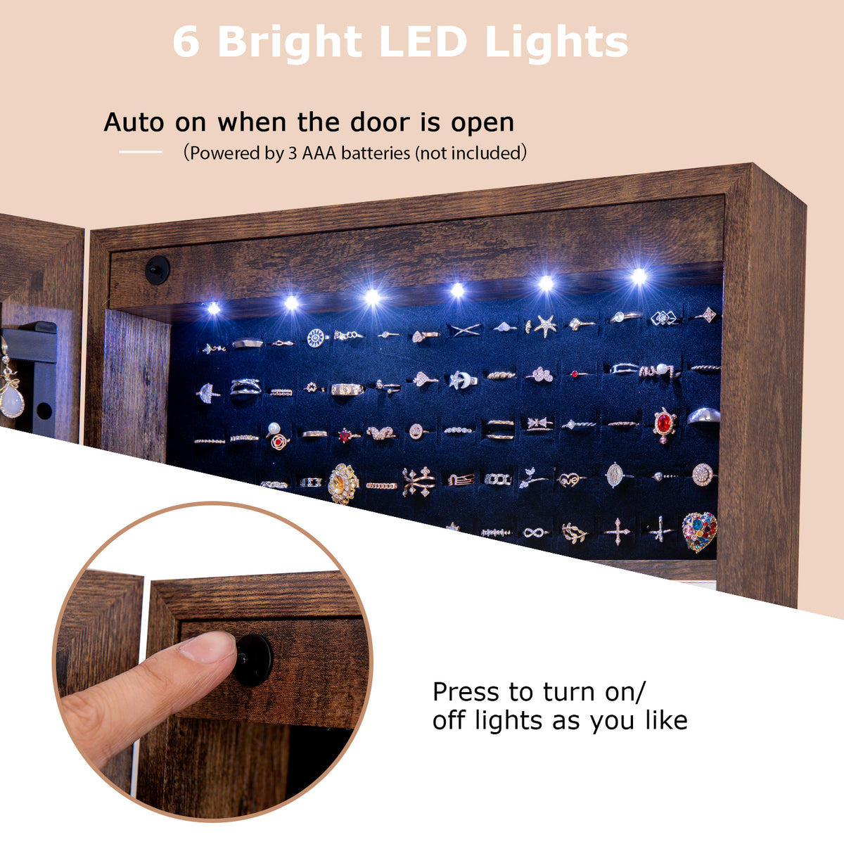 Free Standing Full Length Jewelry Armoire with Lights-Rustic Brown-Jewelry Armoires-DECOROLALA