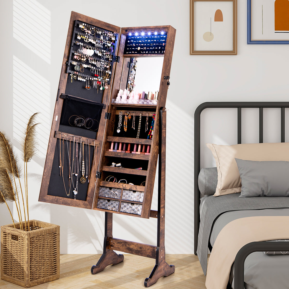 Free Standing Full Length Jewelry Armoire with Lights-Rustic Brown-Jewelry Armoires-DECOROLALA