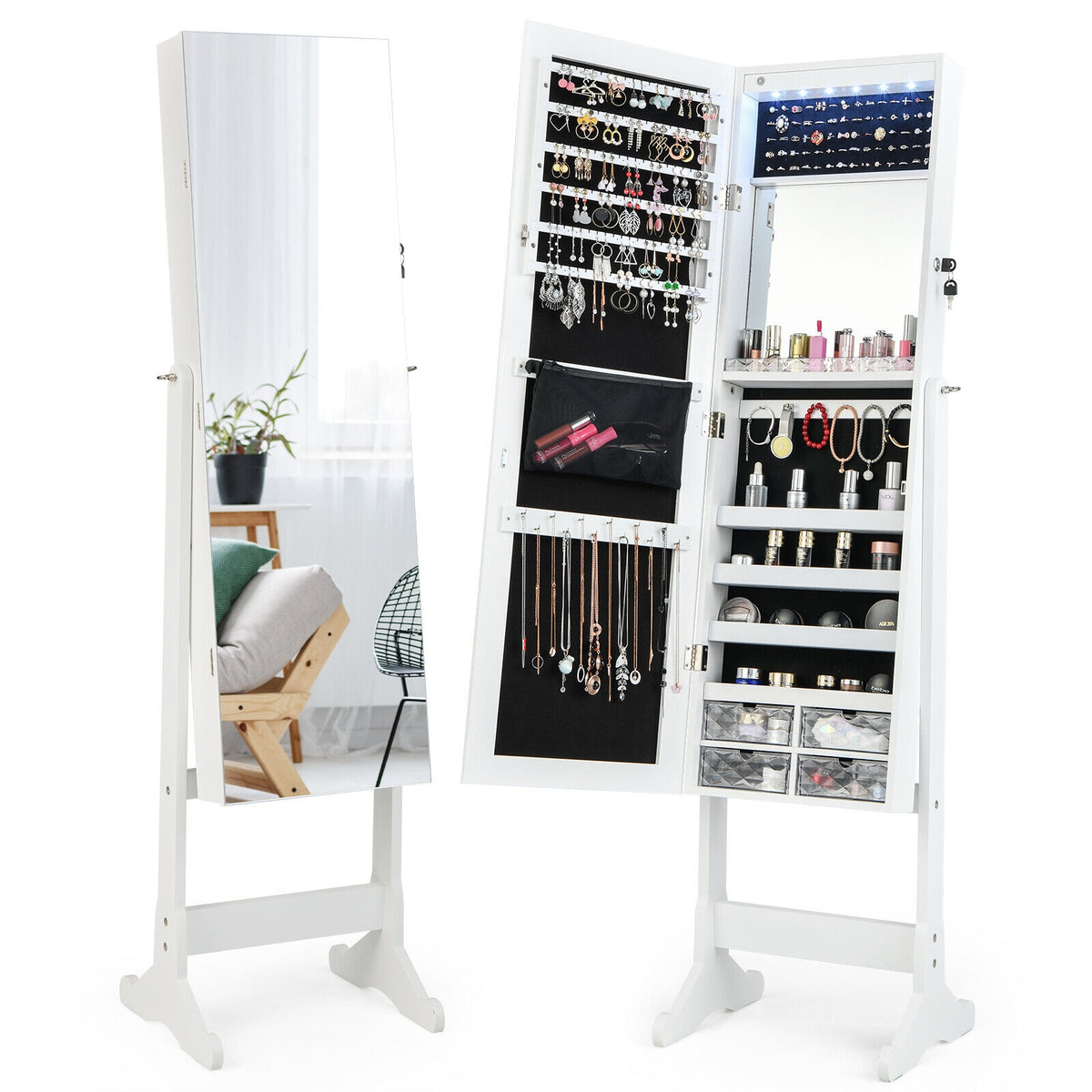 Free Standing Full Length Jewelry Armoire with Lights-White-Jewelry Armoires-DECOROLALA