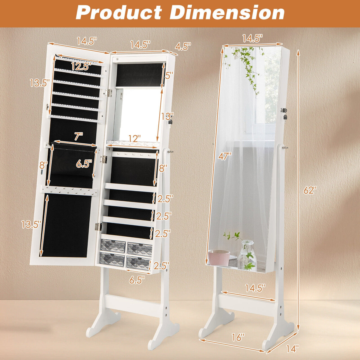 Free Standing Full Length Jewelry Armoire with Lights-White-Jewelry Armoires-DECOROLALA