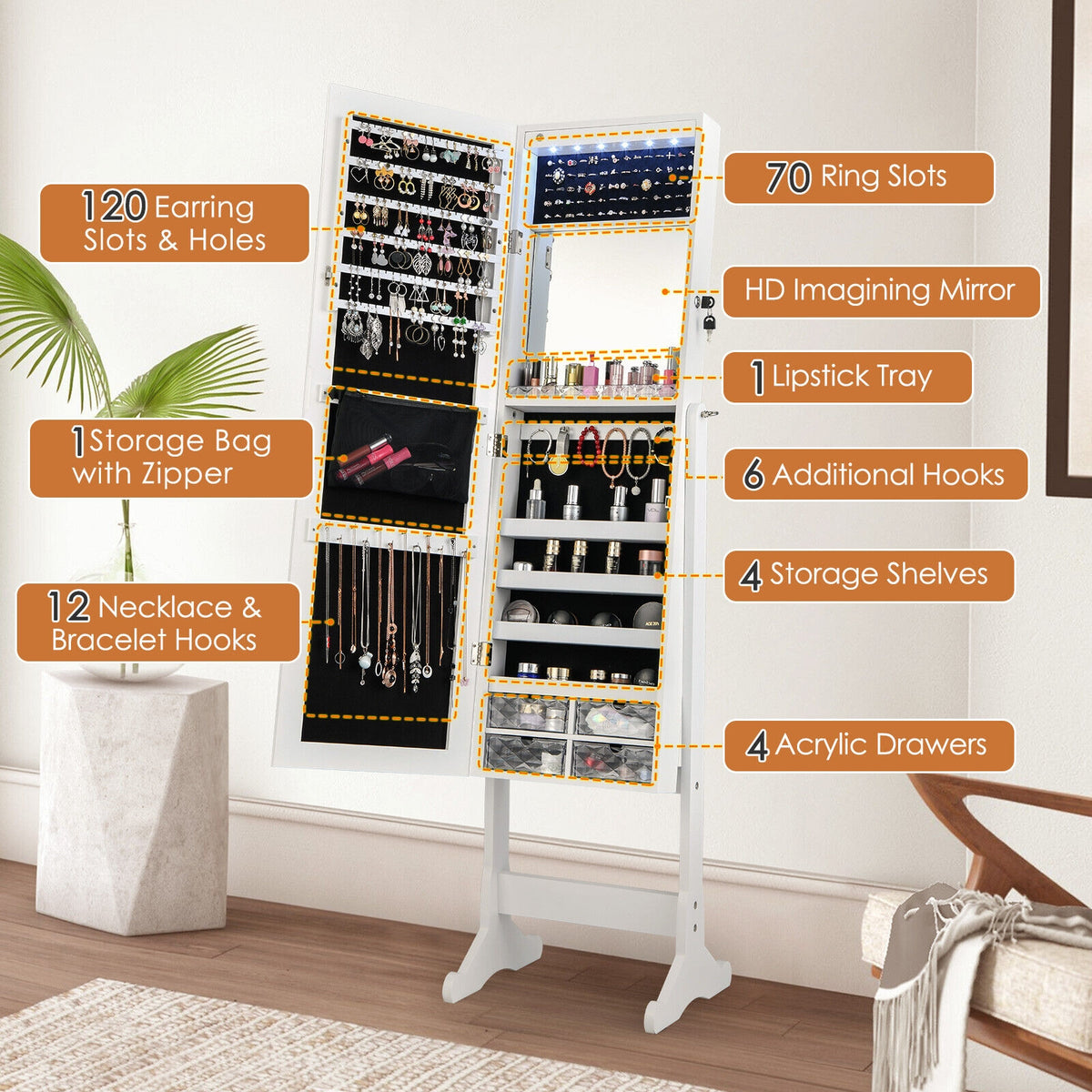 Free Standing Full Length Jewelry Armoire with Lights-White-Jewelry Armoires-DECOROLALA