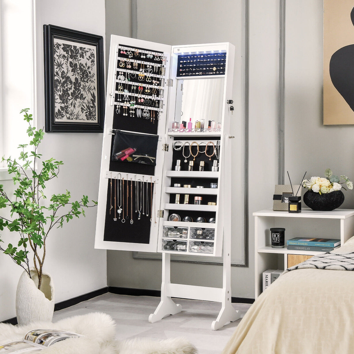 Free Standing Full Length Jewelry Armoire with Lights-White-Jewelry Armoires-DECOROLALA