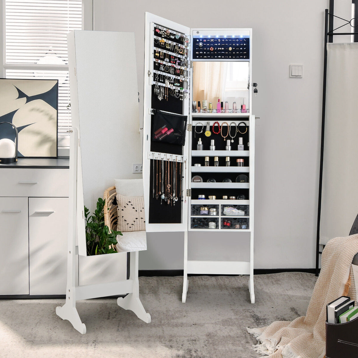 Free Standing Full Length Jewelry Armoire with Lights-White-Jewelry Armoires-DECOROLALA