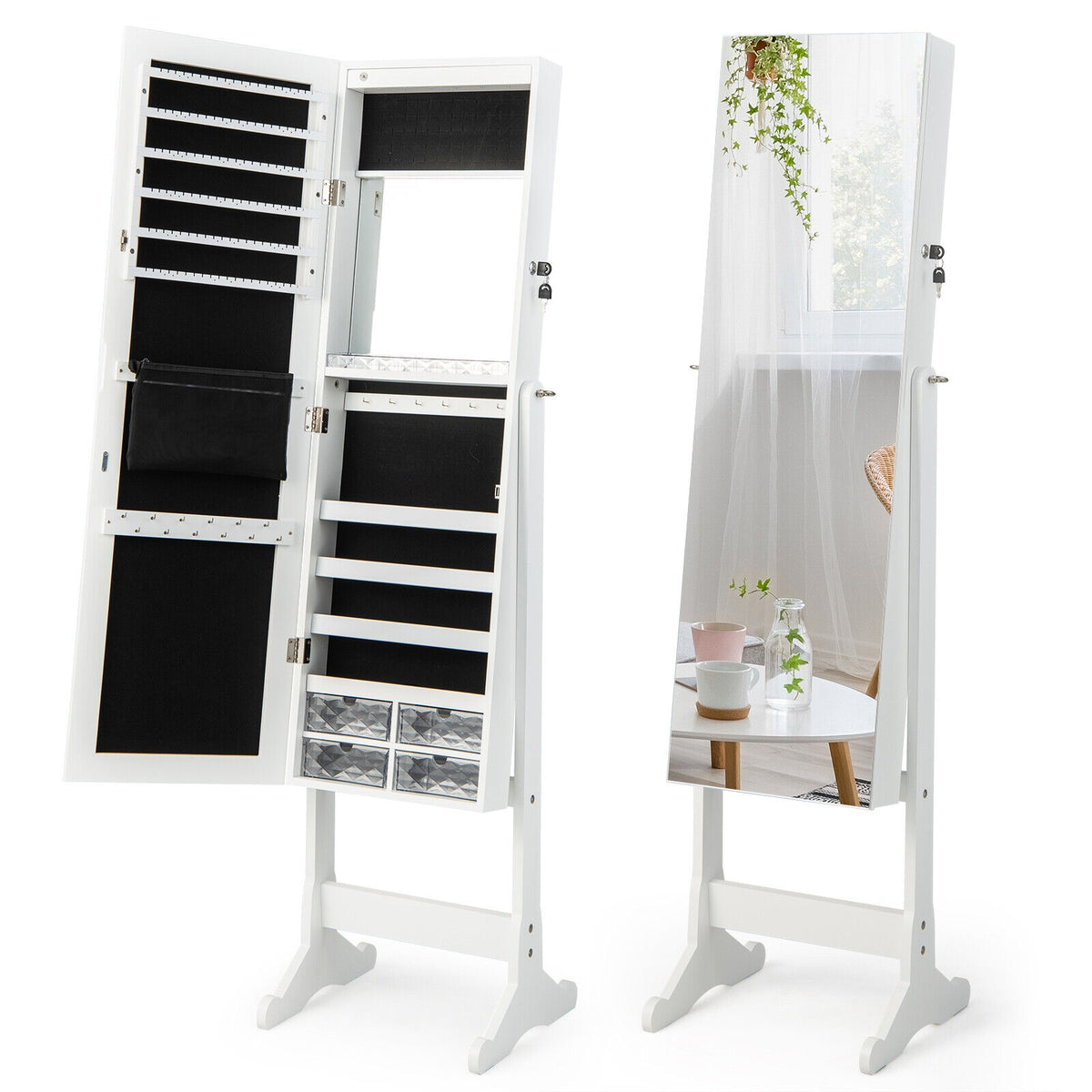 Free Standing Full Length Jewelry Armoire with Lights-White-Jewelry Armoires-DECOROLALA