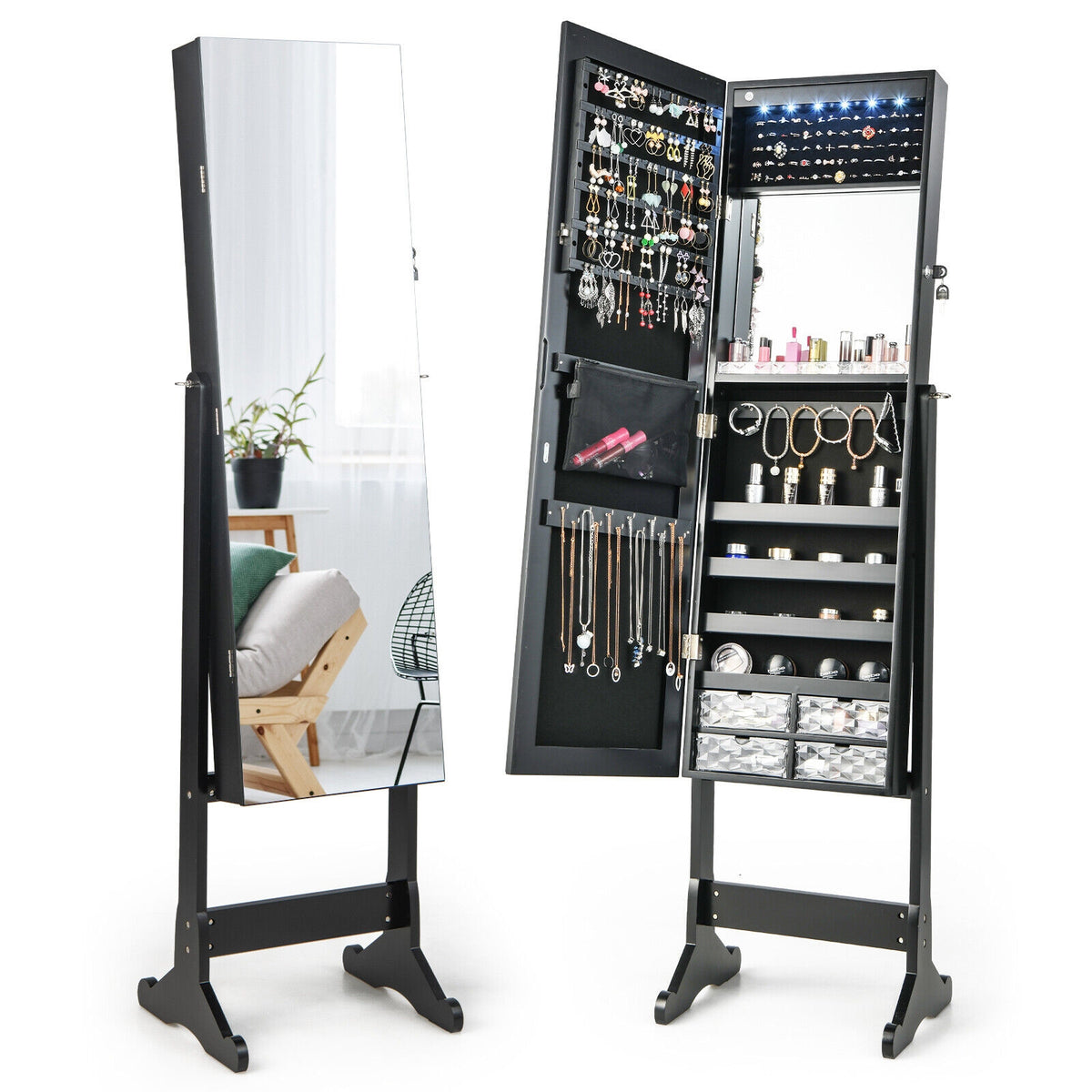 Free Standing Full Length Jewelry Armoire with Lights in Black-Jewelry Armoires-DECOROLALA