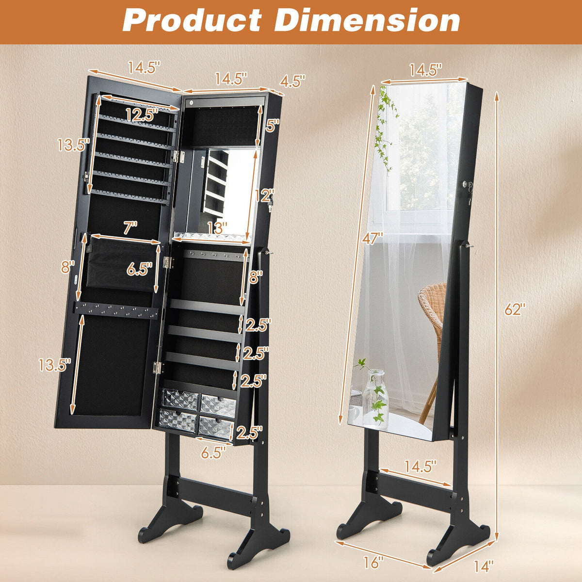 Free Standing Full Length Jewelry Armoire with Lights in Black-Jewelry Armoires-DECOROLALA