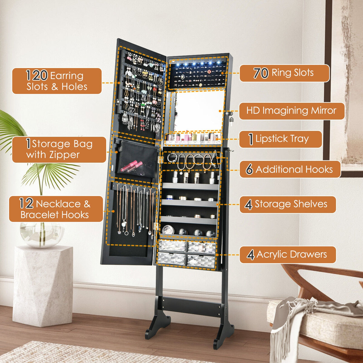 Free Standing Full Length Jewelry Armoire with Lights in Black-Jewelry Armoires-DECOROLALA