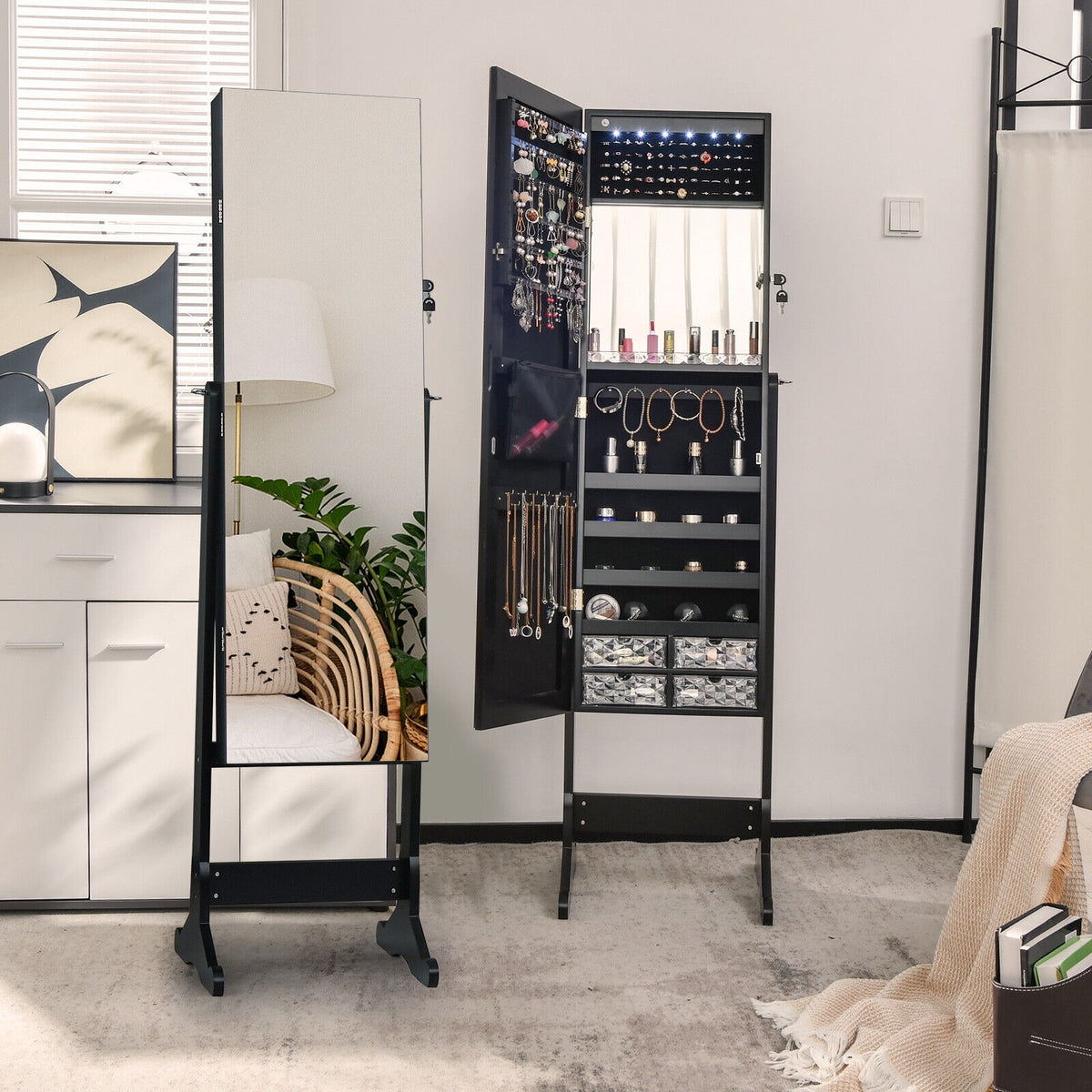 Free Standing Full Length Jewelry Armoire with Lights in Black-Jewelry Armoires-DECOROLALA