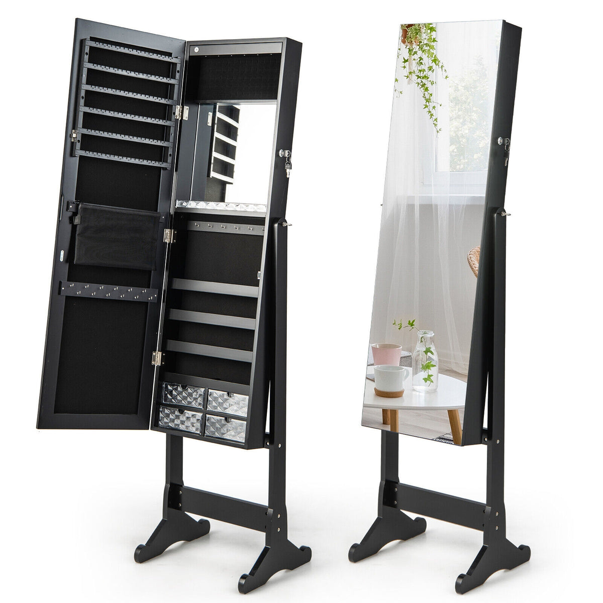 Free Standing Full Length Jewelry Armoire with Lights in Black-Jewelry Armoires-DECOROLALA