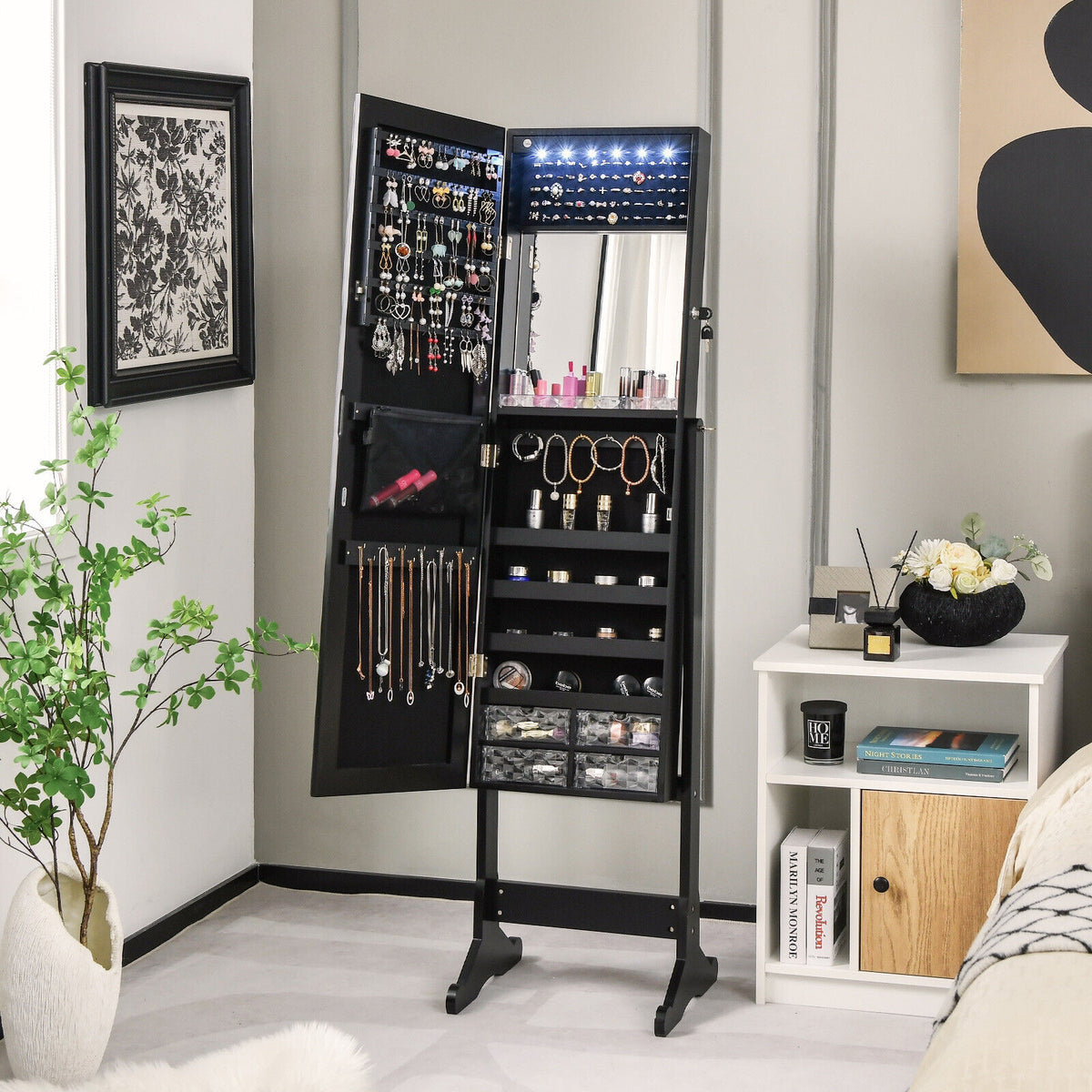 Free Standing Full Length Jewelry Armoire with Lights in Black-Jewelry Armoires-DECOROLALA
