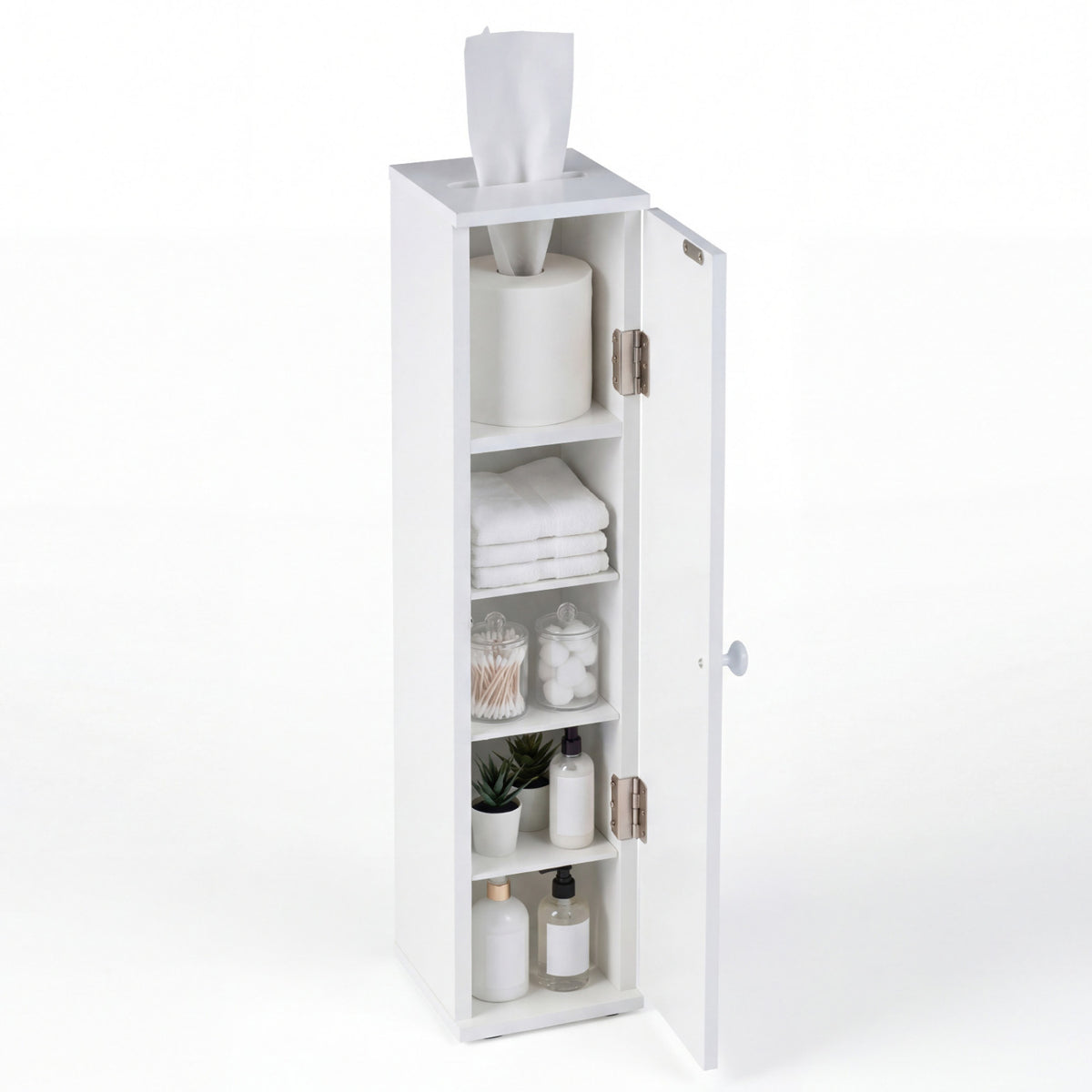 Free Standing Toilet Paper Cabinet - White 4-Tier MDF Storage-Bathroom Floor Cabinets-DECOROLALA