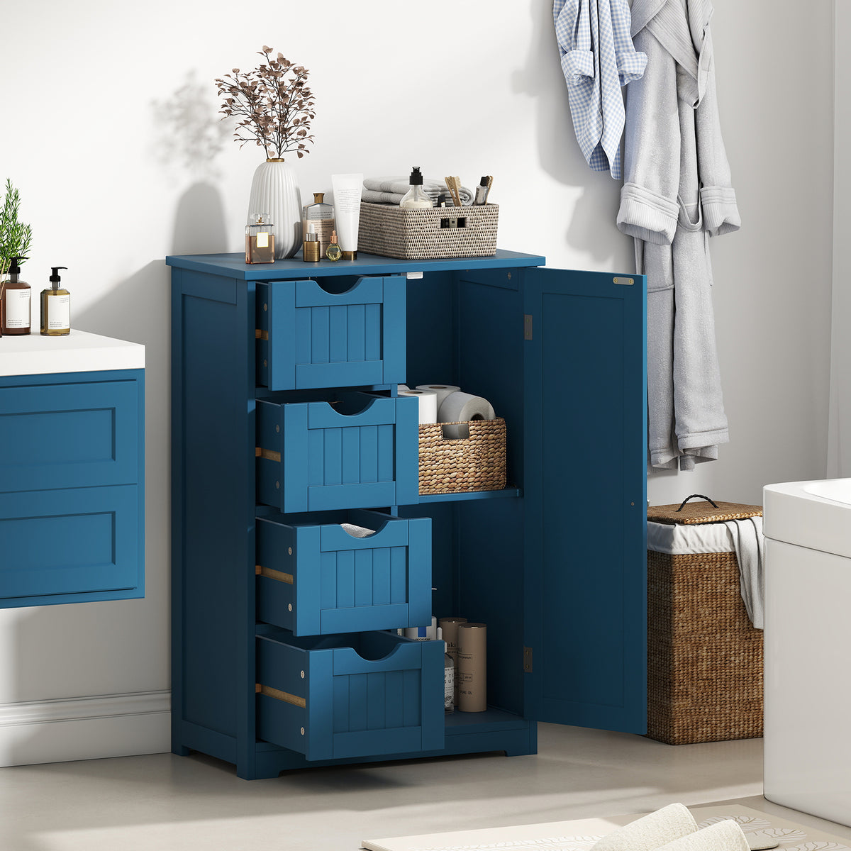 Free-Standing Wooden Storage Cabinet - 4 Drawers & Door Blue-Floor Cabinets-DECOROLALA