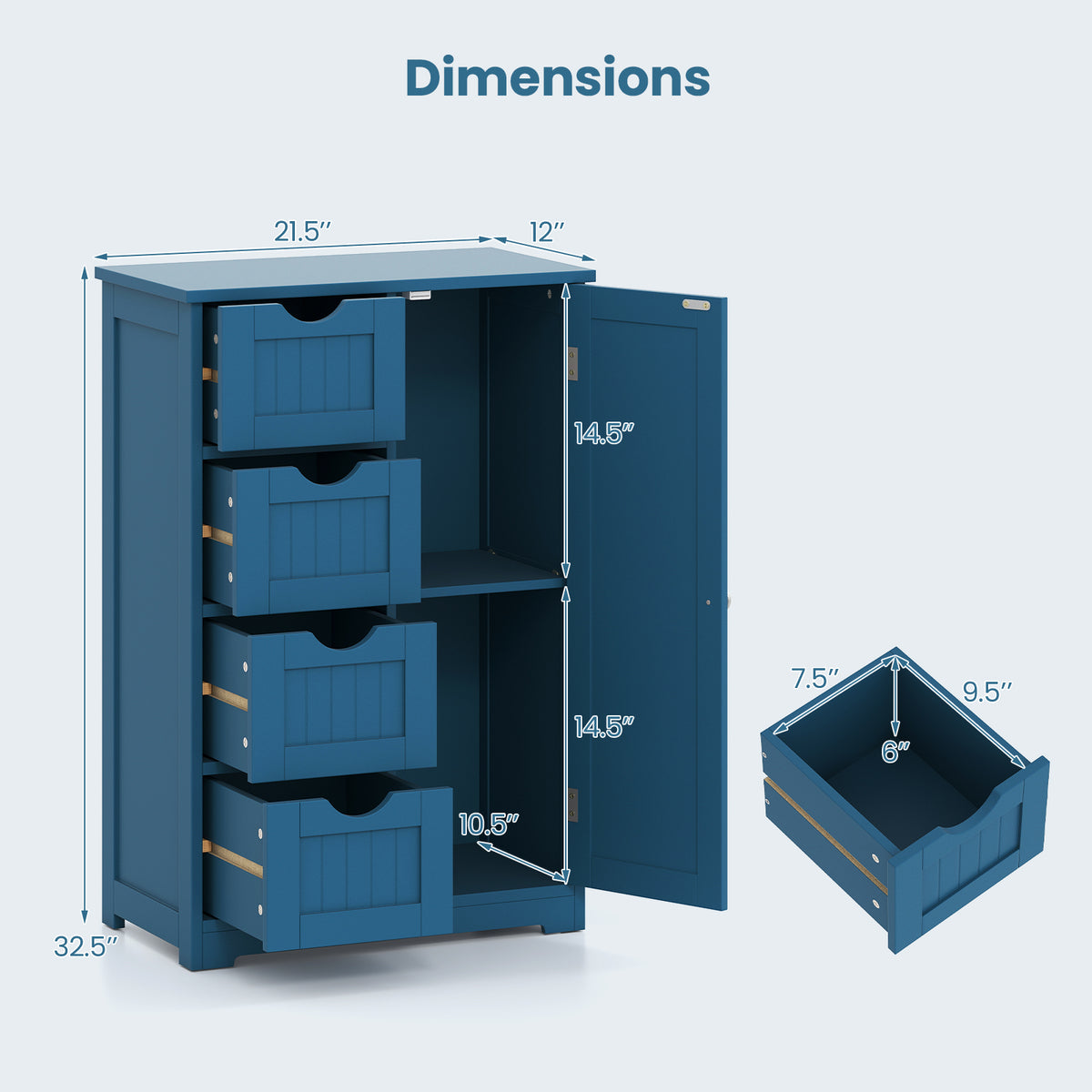Free-Standing Wooden Storage Cabinet - 4 Drawers & Door Blue-Floor Cabinets-DECOROLALA