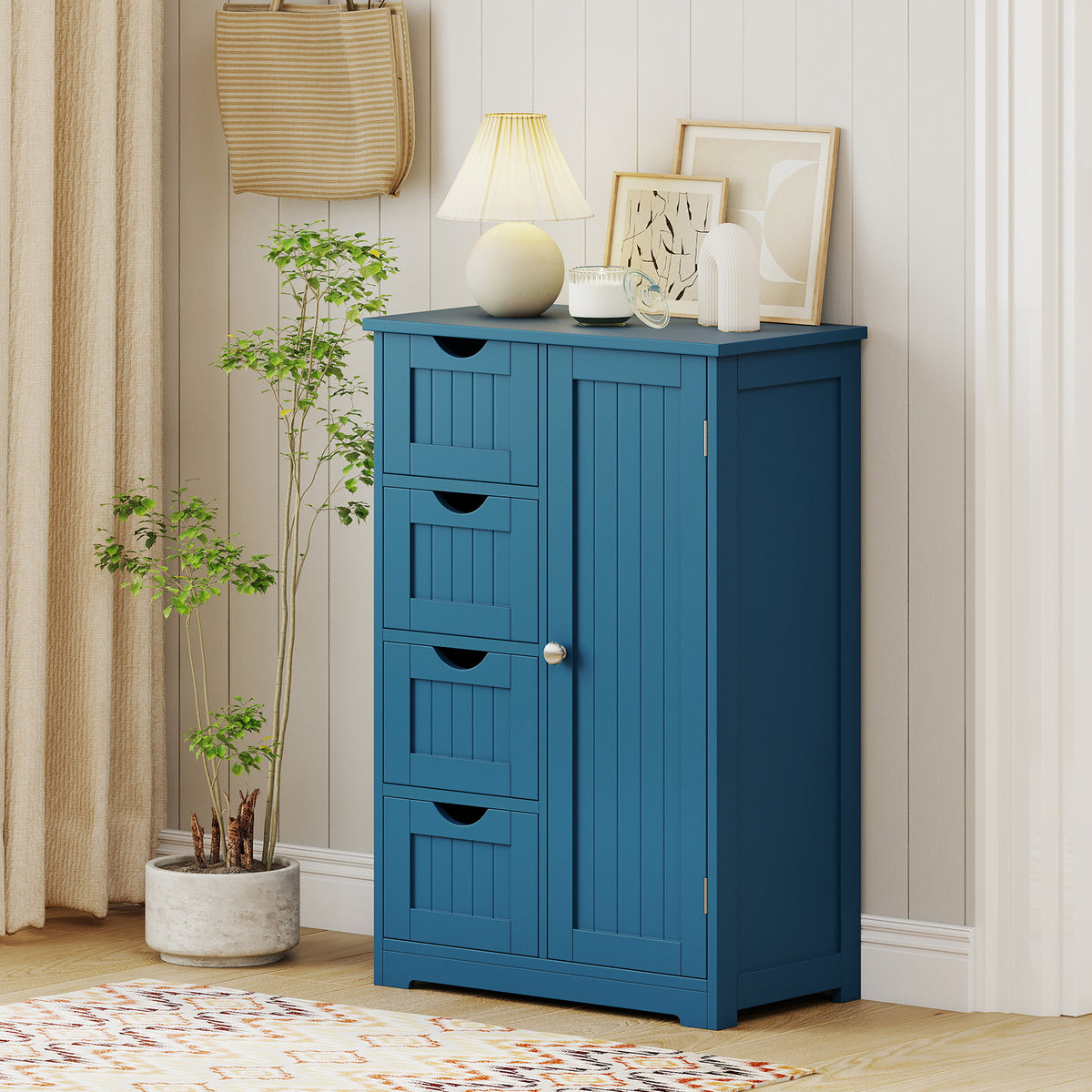 Free-Standing Wooden Storage Cabinet - 4 Drawers & Door Blue-Floor Cabinets-DECOROLALA