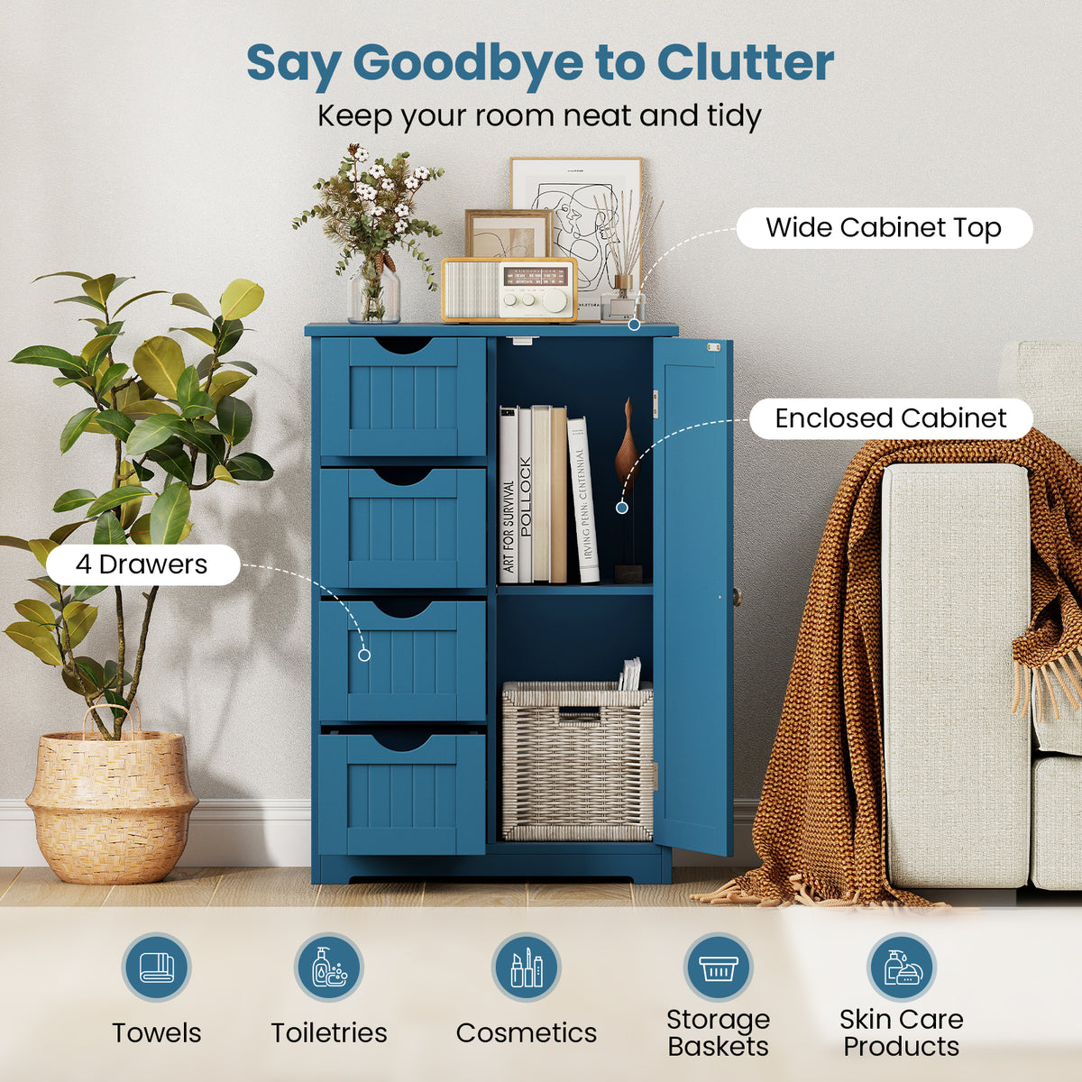 Free-Standing Wooden Storage Cabinet - 4 Drawers & Door Blue-Floor Cabinets-DECOROLALA
