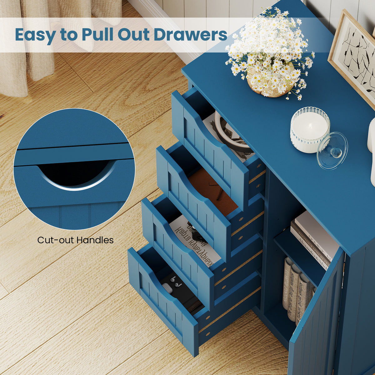 Free-Standing Wooden Storage Cabinet - 4 Drawers & Door Blue-Floor Cabinets-DECOROLALA