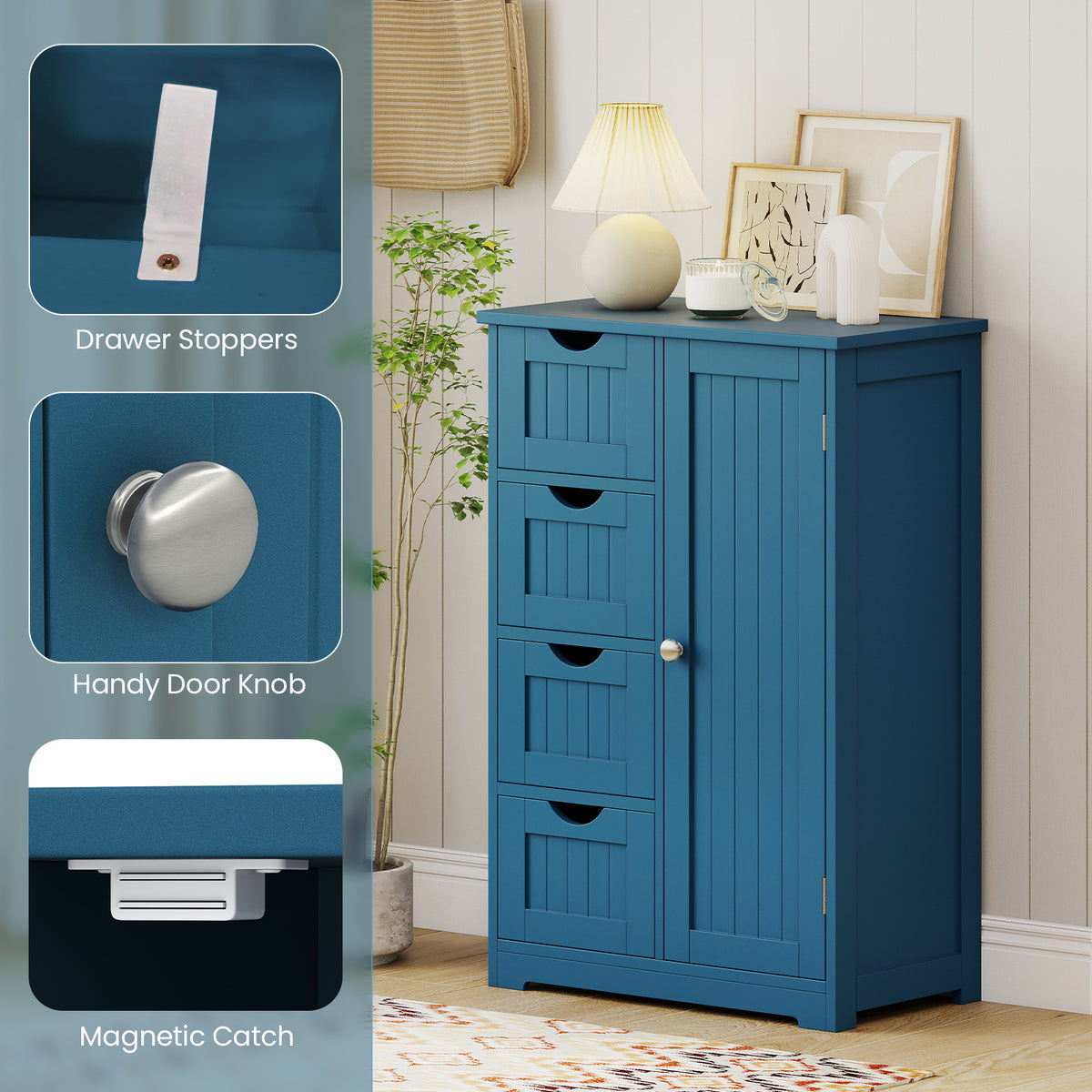 Free-Standing Wooden Storage Cabinet - 4 Drawers & Door Blue-Floor Cabinets-DECOROLALA