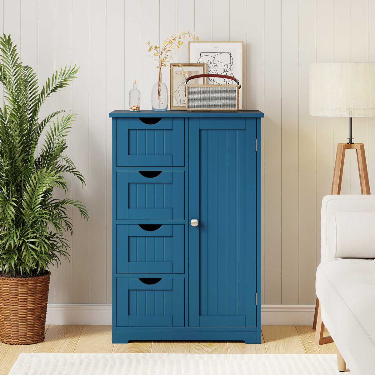 Free-Standing Wooden Storage Cabinet - 4 Drawers & Door Blue-Floor Cabinets-DECOROLALA