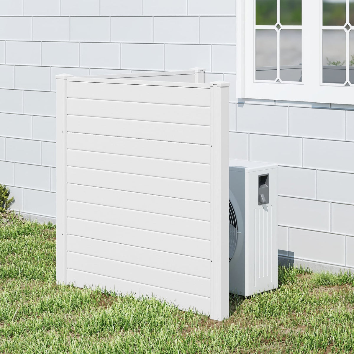 Freestanding 48 x 48 Inch Air Conditioner Fence with Metal Ground Stakes-White-Outdoor Privacy Screens-DECOROLALA