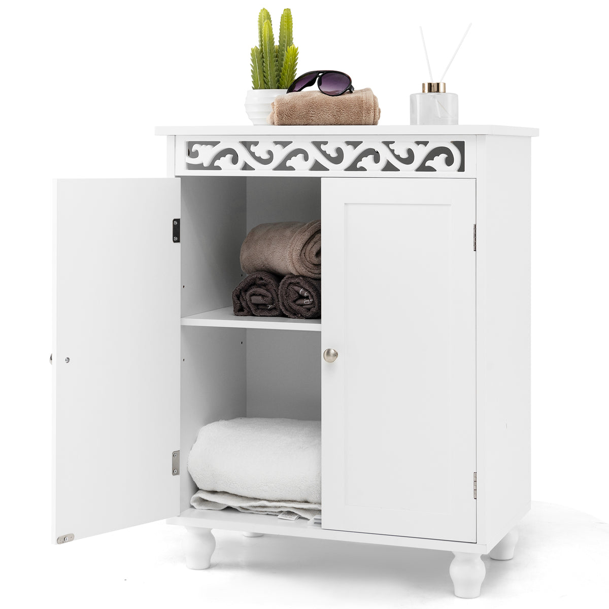 White Freestanding Bathroom Storage Cabinet with Wood Legs-Floor Cabinets-DECOROLALA