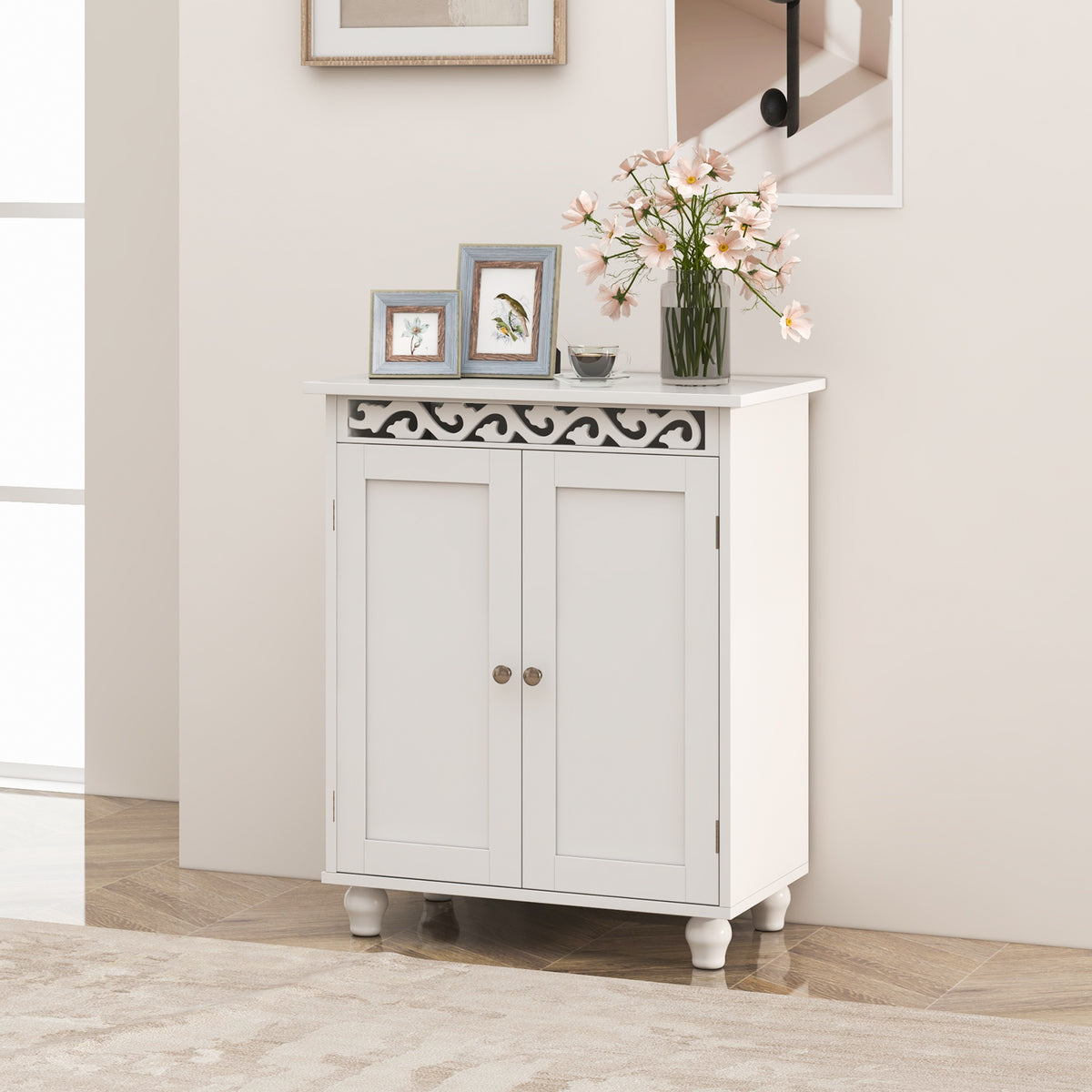 White Freestanding Bathroom Storage Cabinet with Wood Legs-Floor Cabinets-DECOROLALA