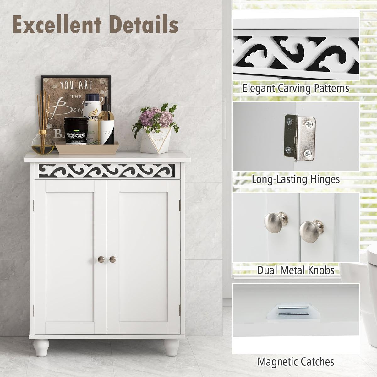 White Freestanding Bathroom Storage Cabinet with Wood Legs-Floor Cabinets-DECOROLALA