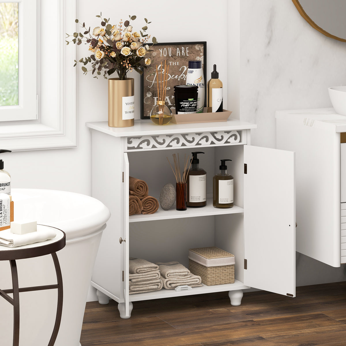 White Freestanding Bathroom Storage Cabinet with Wood Legs-Floor Cabinets-DECOROLALA