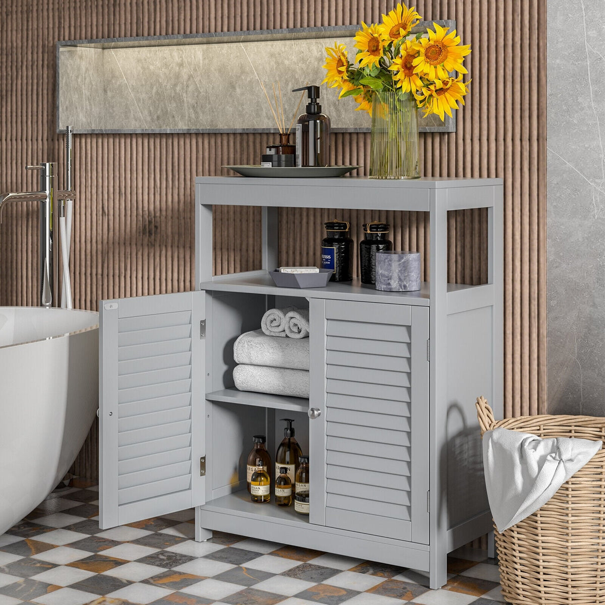 Freestanding Bathroom Floor Cabinet - Gray Double Shutter Doors-Floor Cabinets-DECOROLALA