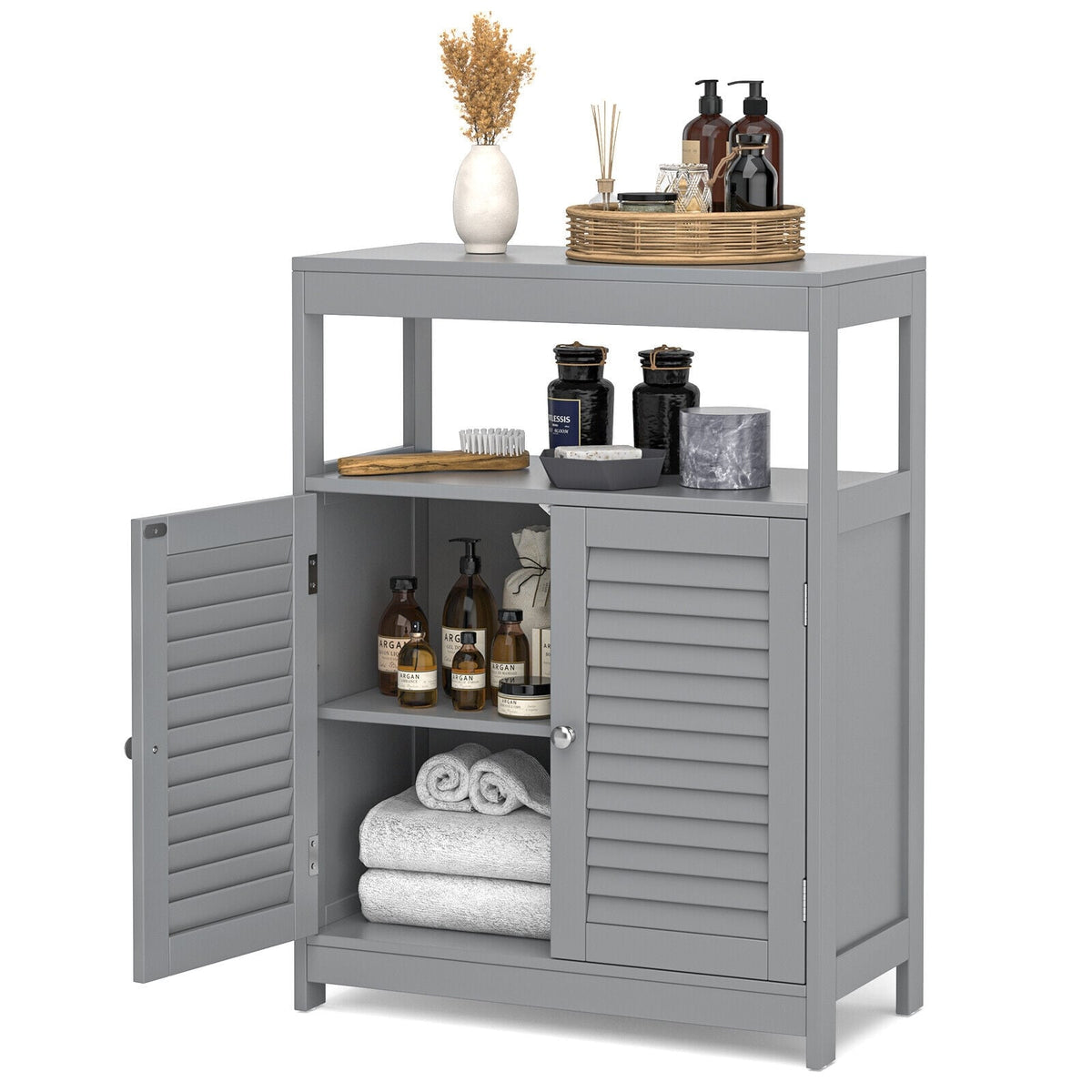 Freestanding Bathroom Floor Cabinet - Gray Double Shutter Doors-Floor Cabinets-DECOROLALA