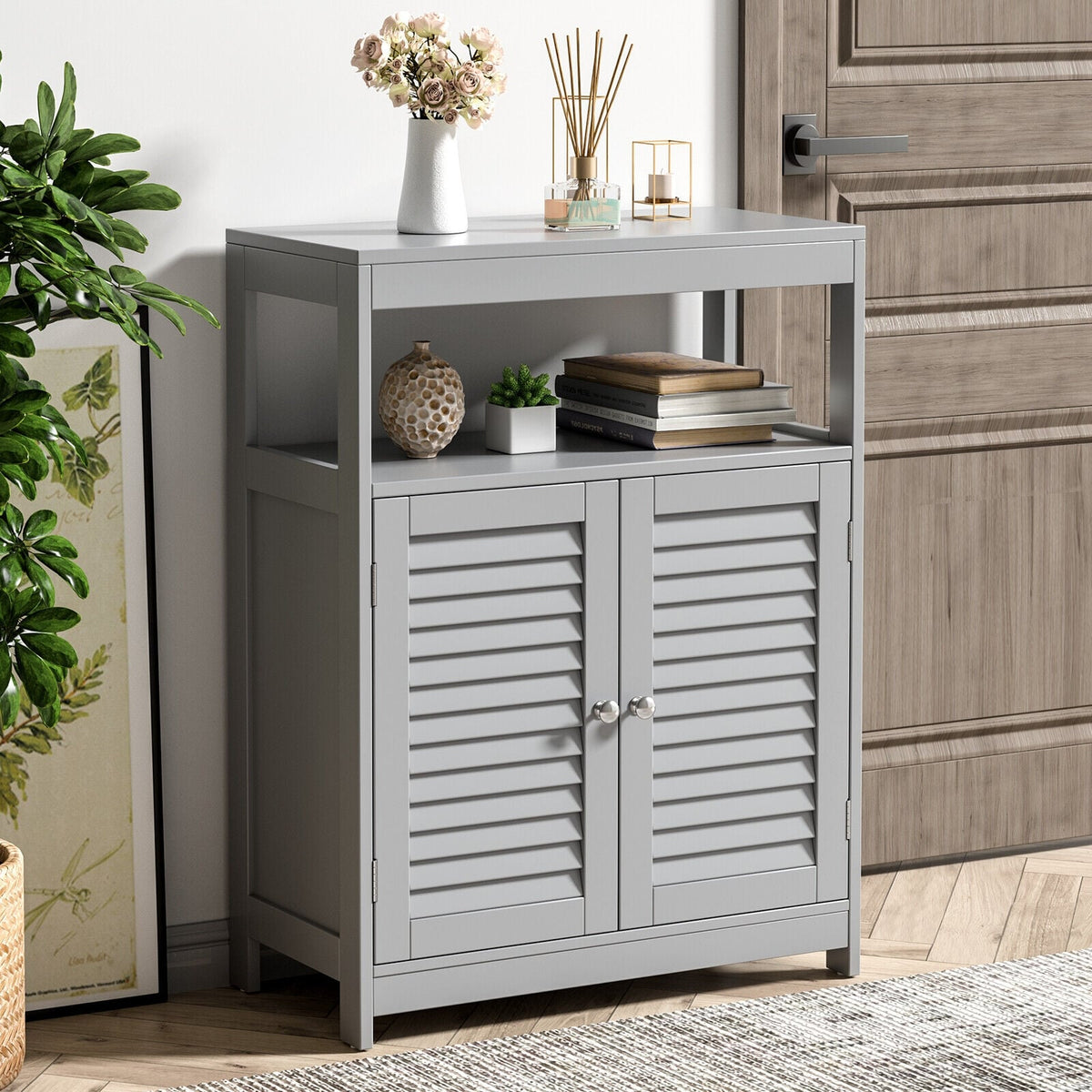 Freestanding Bathroom Floor Cabinet - Gray Double Shutter Doors-Floor Cabinets-DECOROLALA