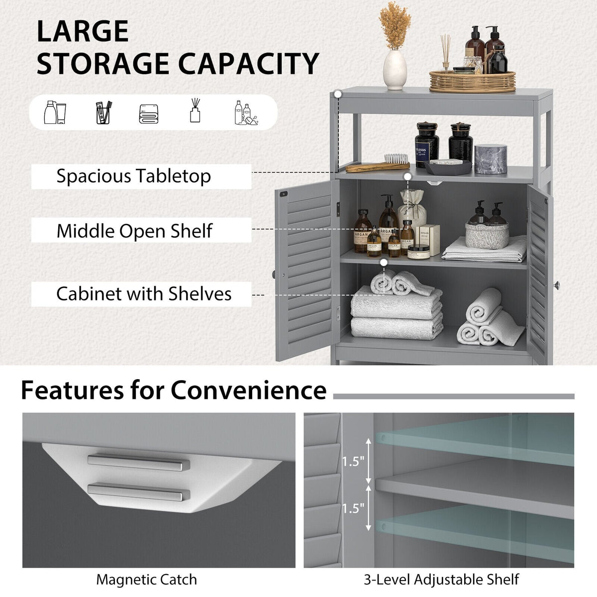 Freestanding Bathroom Floor Cabinet - Gray Double Shutter Doors-Floor Cabinets-DECOROLALA