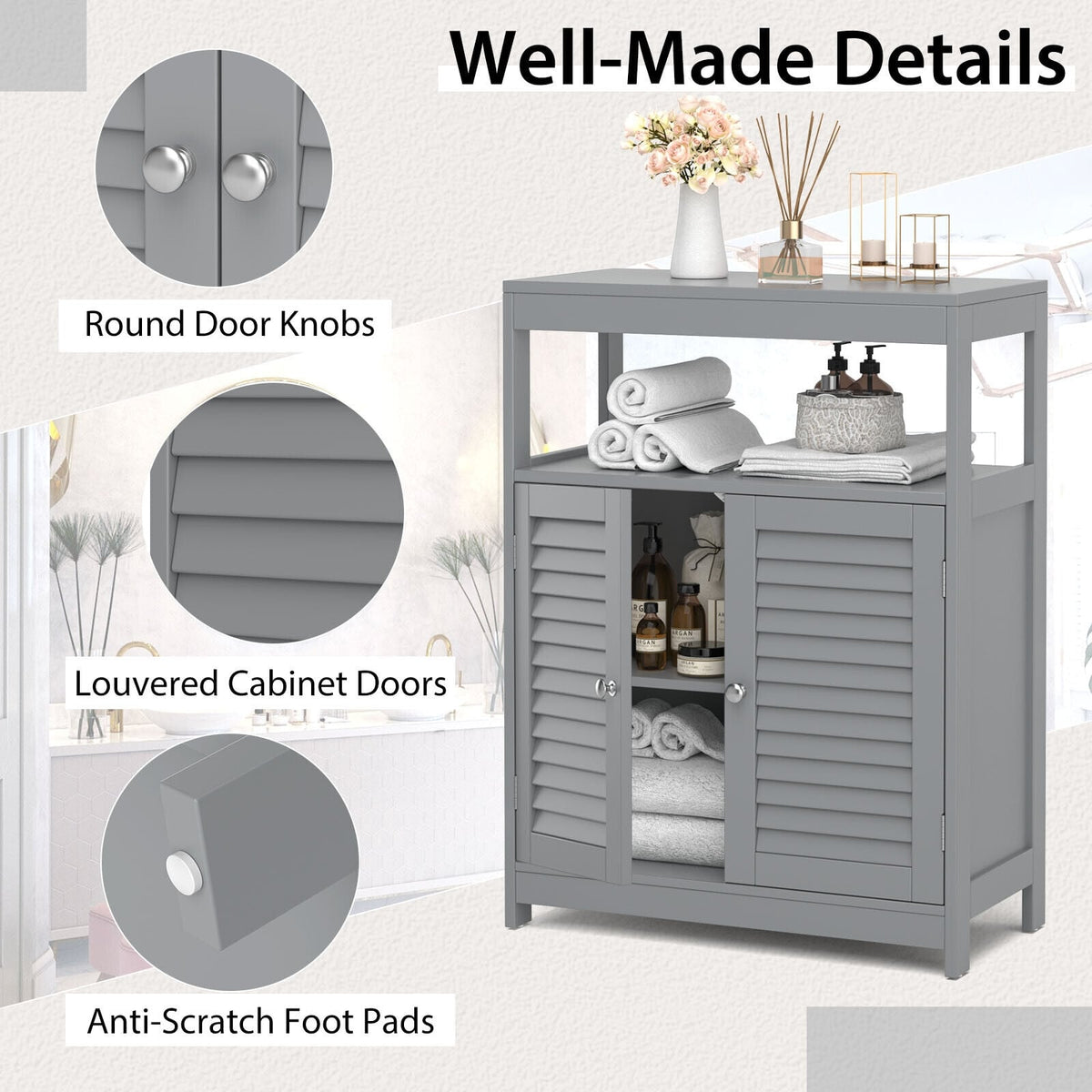 Freestanding Bathroom Floor Cabinet - Gray Double Shutter Doors-Floor Cabinets-DECOROLALA