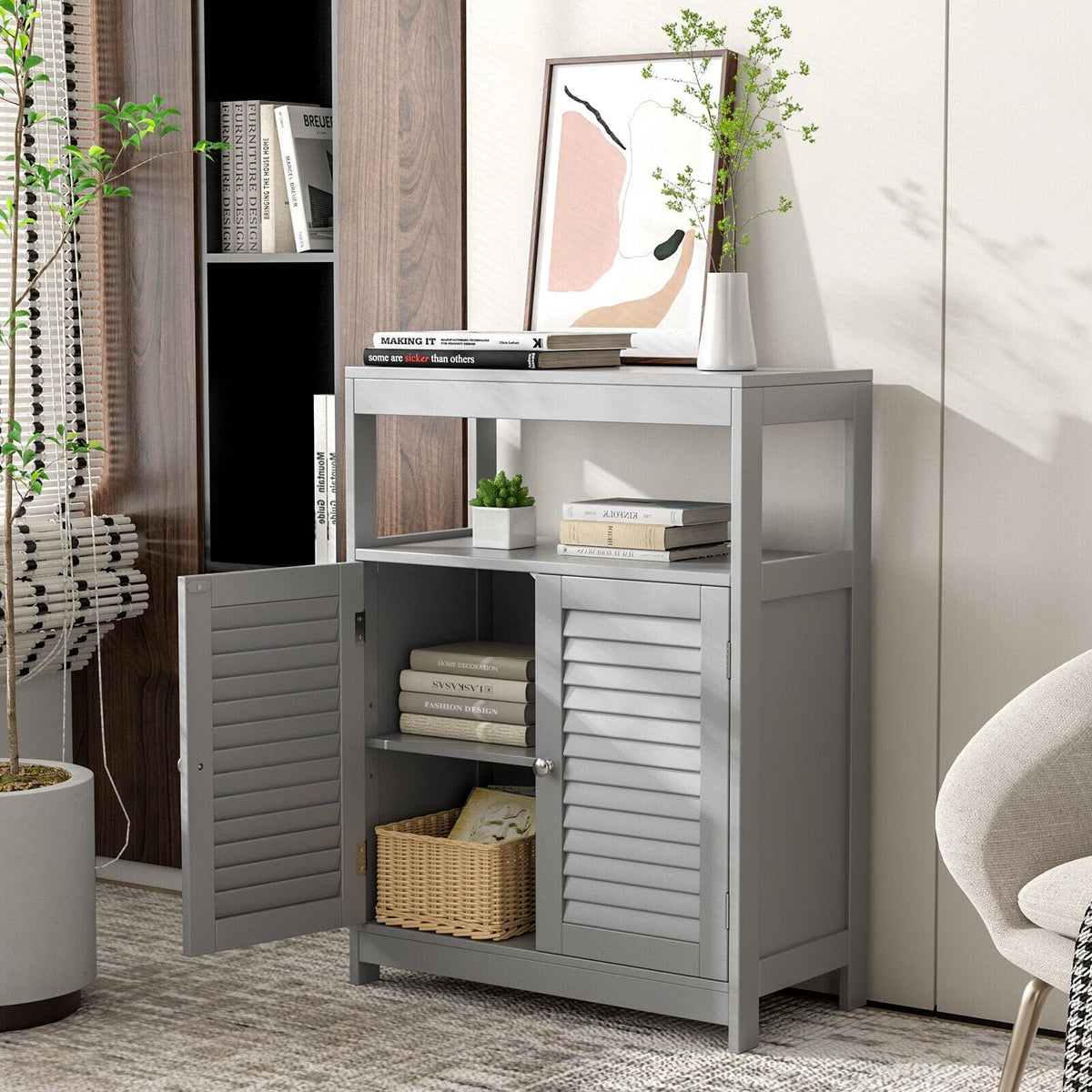 Freestanding Bathroom Floor Cabinet - Gray Double Shutter Doors-Floor Cabinets-DECOROLALA