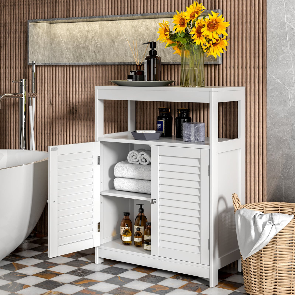 Freestanding Bathroom Floor Cabinet with Double Shutter Doors-White-Floor Cabinets-DECOROLALA