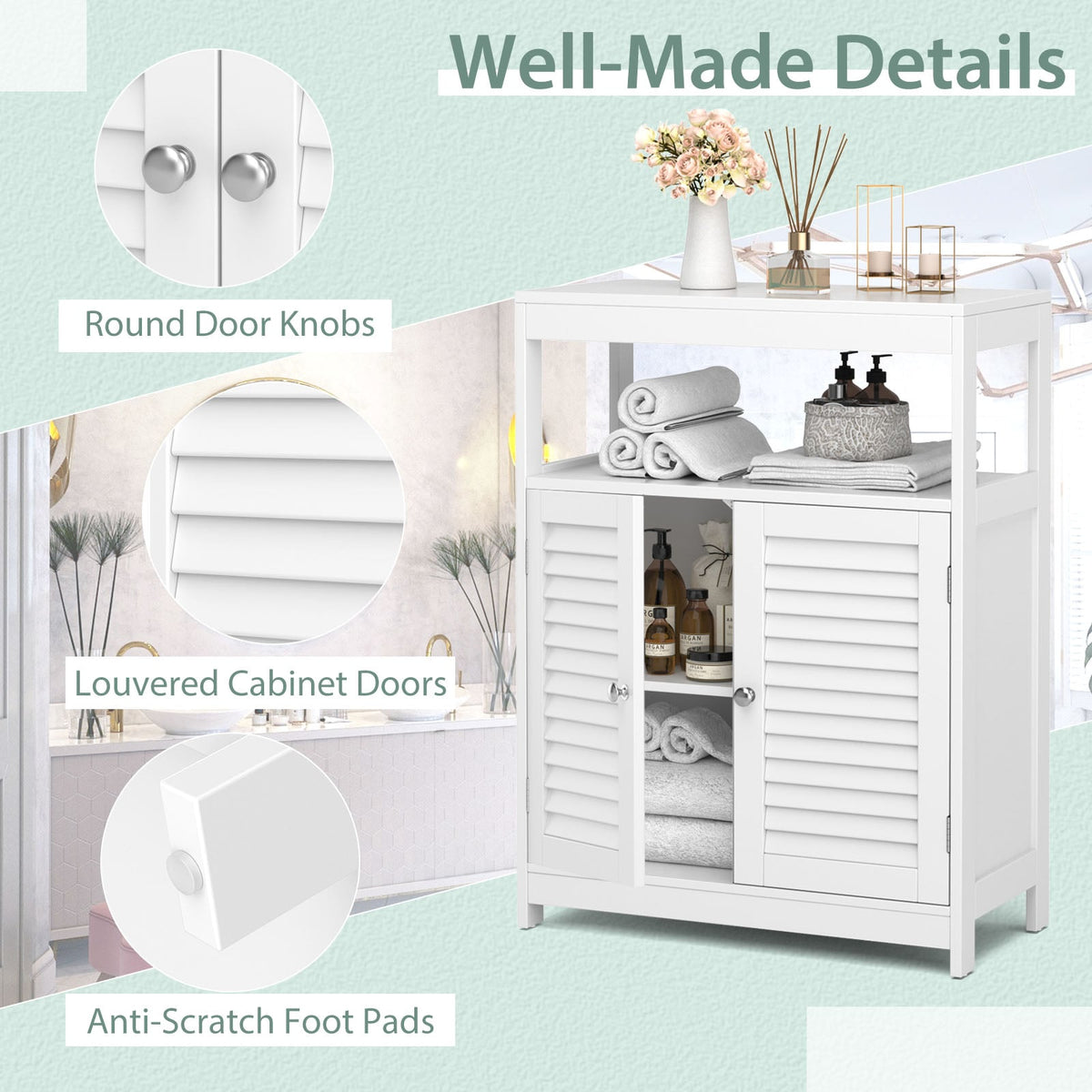 Freestanding Bathroom Floor Cabinet with Double Shutter Doors-White-Floor Cabinets-DECOROLALA