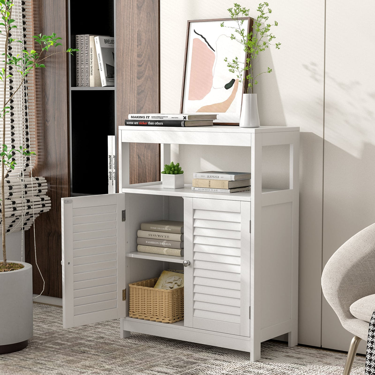 Freestanding Bathroom Floor Cabinet with Double Shutter Doors-White-Floor Cabinets-DECOROLALA