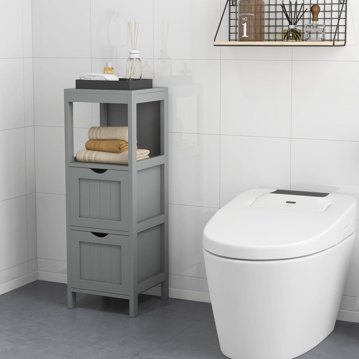 Freestanding Bathroom Storage Cabinet - 2 Drawers 4-Tier White MDF-Floor Cabinets-DECOROLALA