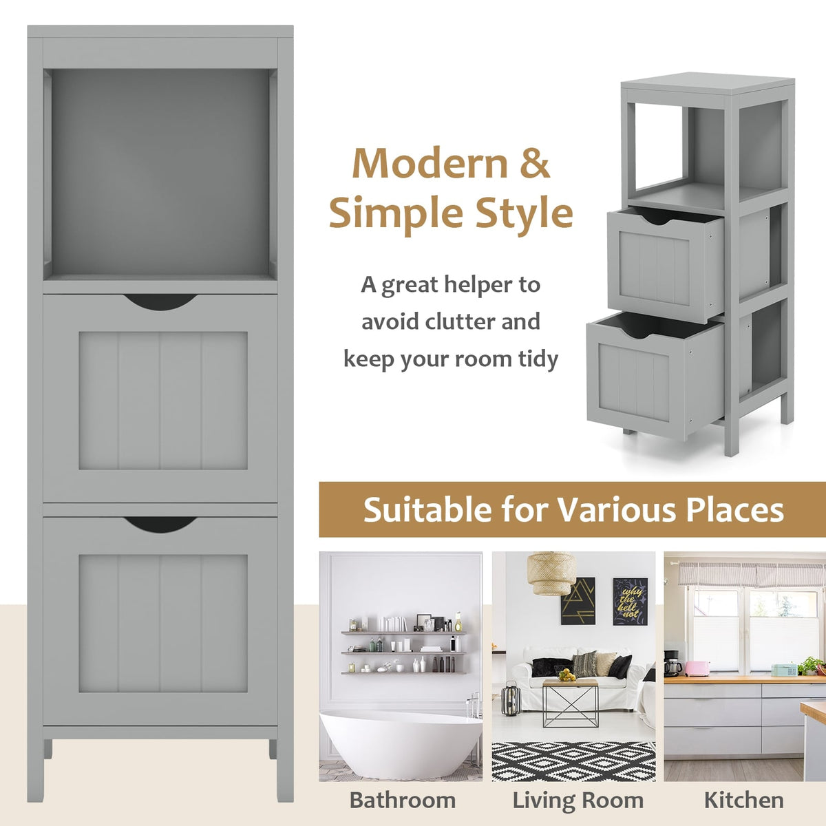 Freestanding Bathroom Storage Cabinet - 2 Drawers 4-Tier White MDF-Floor Cabinets-DECOROLALA