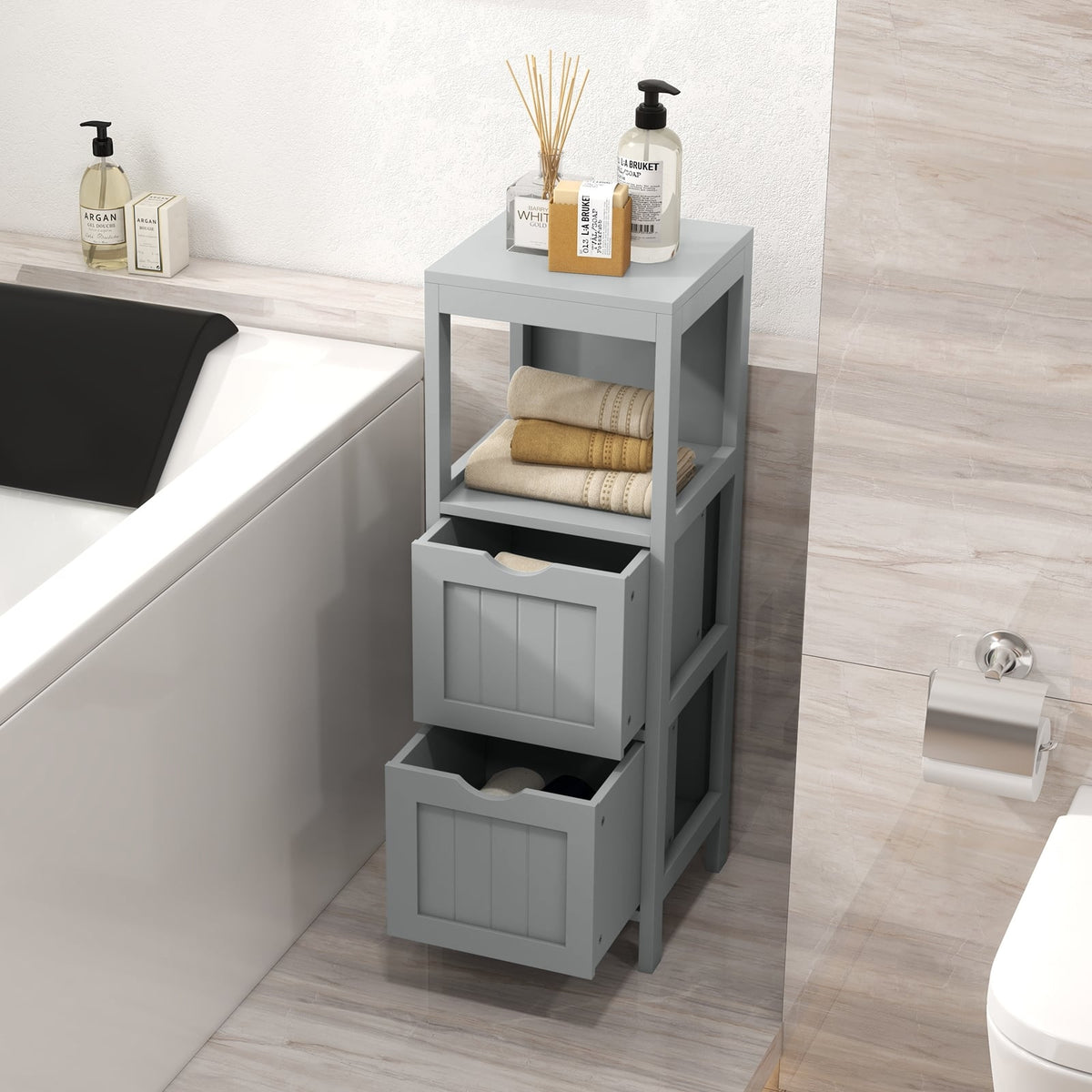 Freestanding Bathroom Storage Cabinet - 2 Drawers 4-Tier White MDF-Floor Cabinets-DECOROLALA