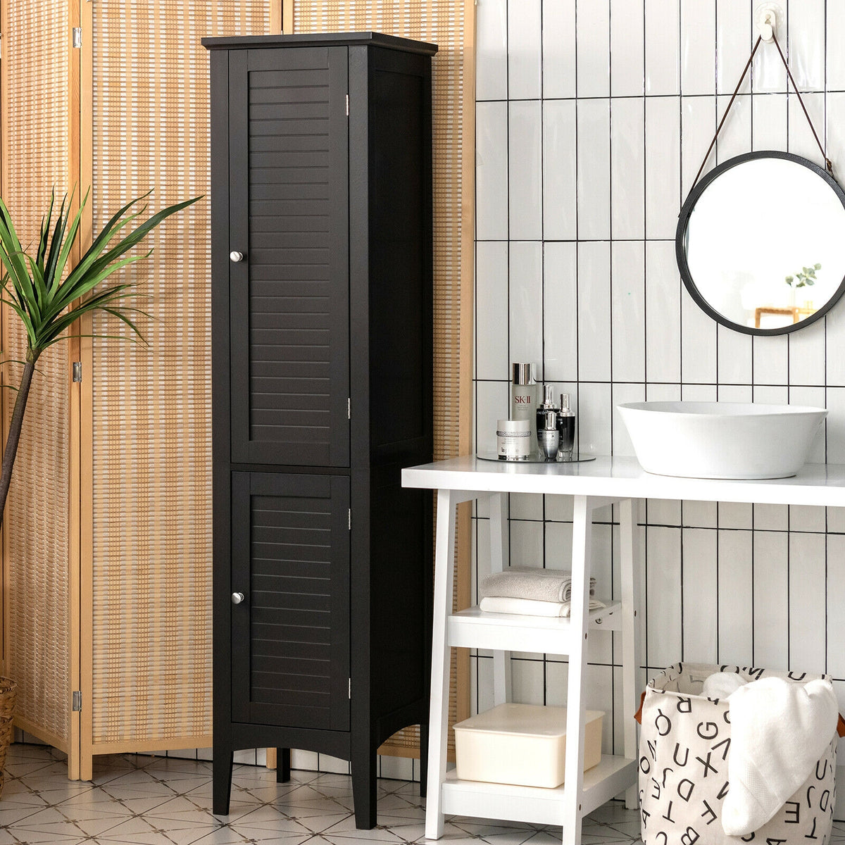 Freestanding Tall Bathroom Storage Cabinet - Black 63" MDF-Floor Cabinets-DECOROLALA