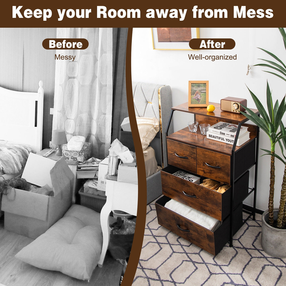Freestanding Dresser 4-Drawer Rustic Brown (min order qty 2)-Dressers & Chests-DECOROLALA