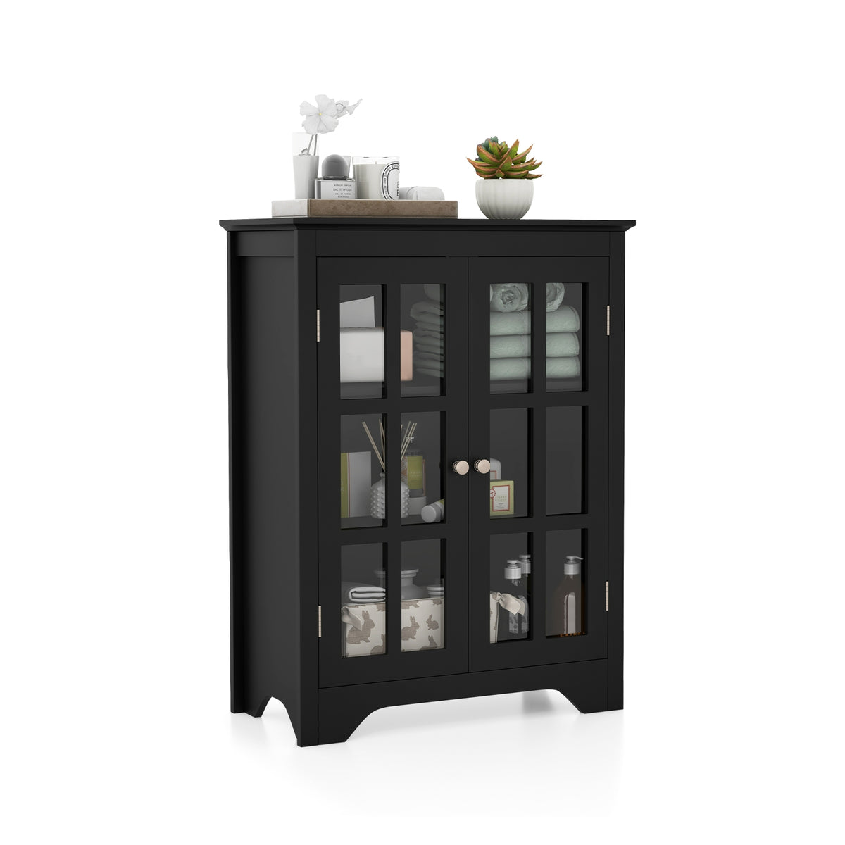 Freestanding Display Storage Cabinet - Black 24" 2 Glass Doors-Bathroom Floor Cabinets-DECOROLALA