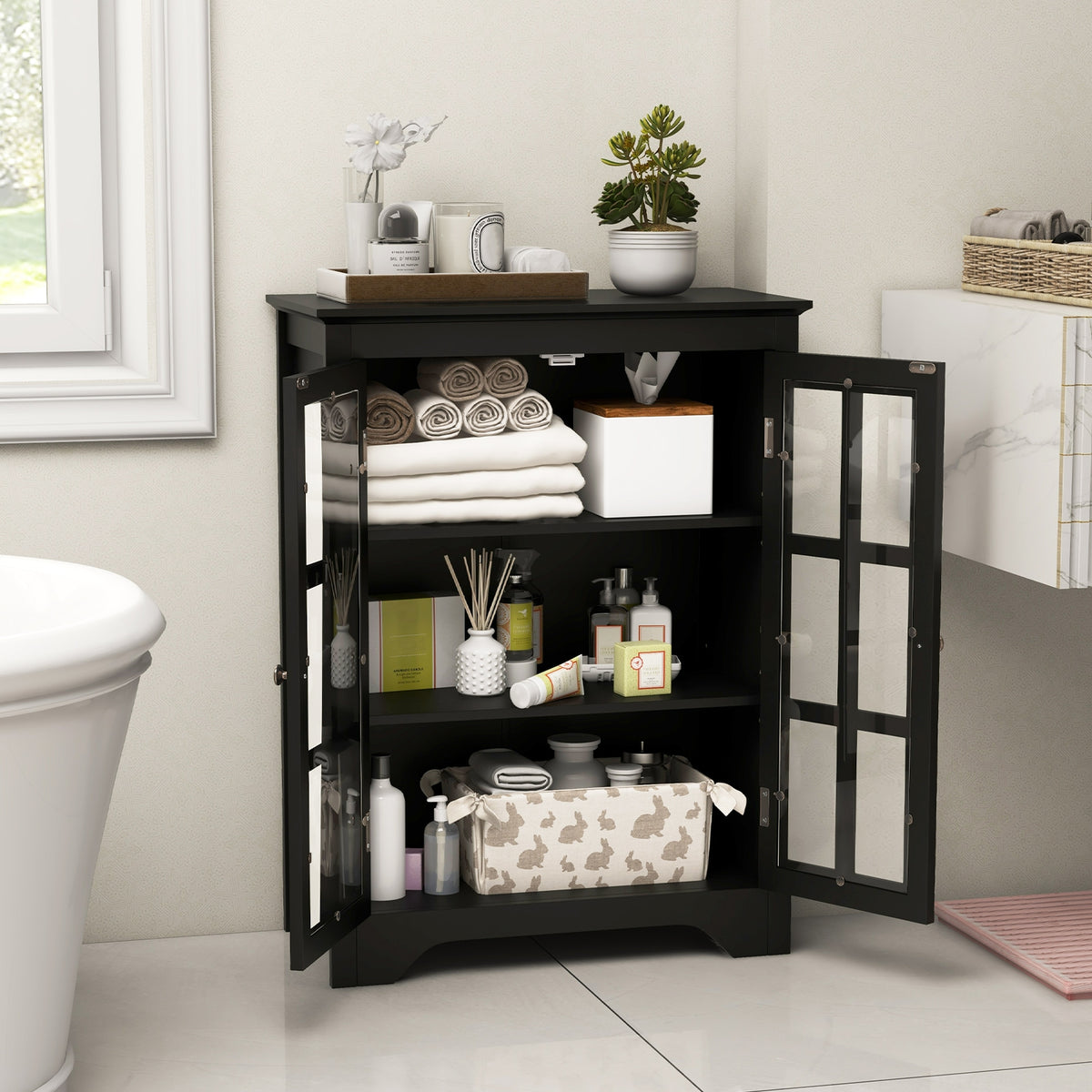 Freestanding Display Storage Cabinet - Black 24" 2 Glass Doors-Bathroom Floor Cabinets-DECOROLALA