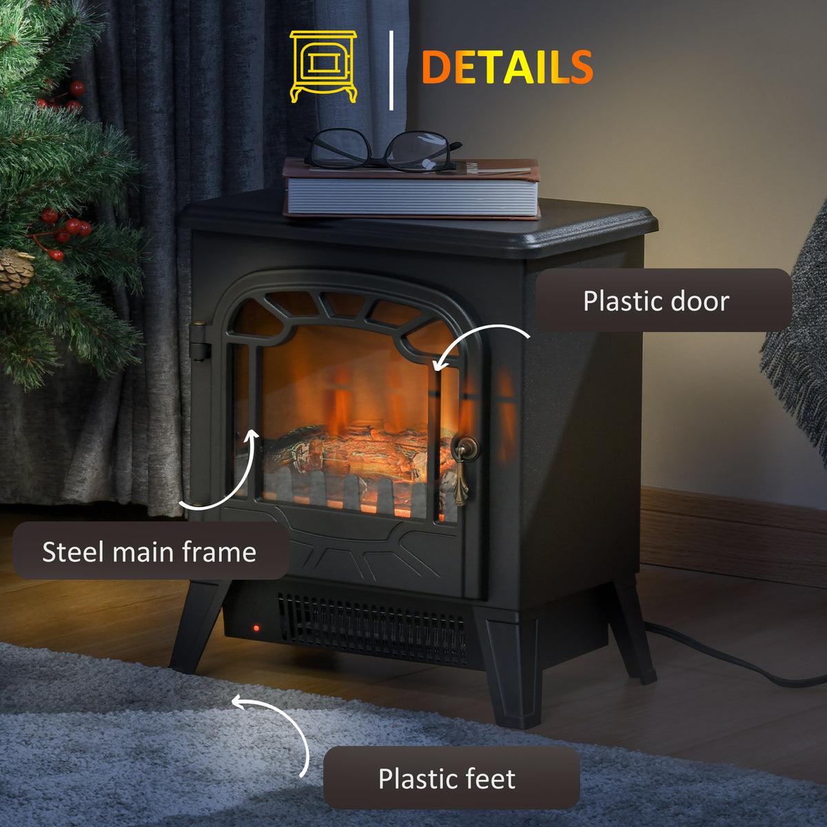 Freestanding Electric Fireplace Heater - 1500W Black-Electric Fireplaces-DECOROLALA
