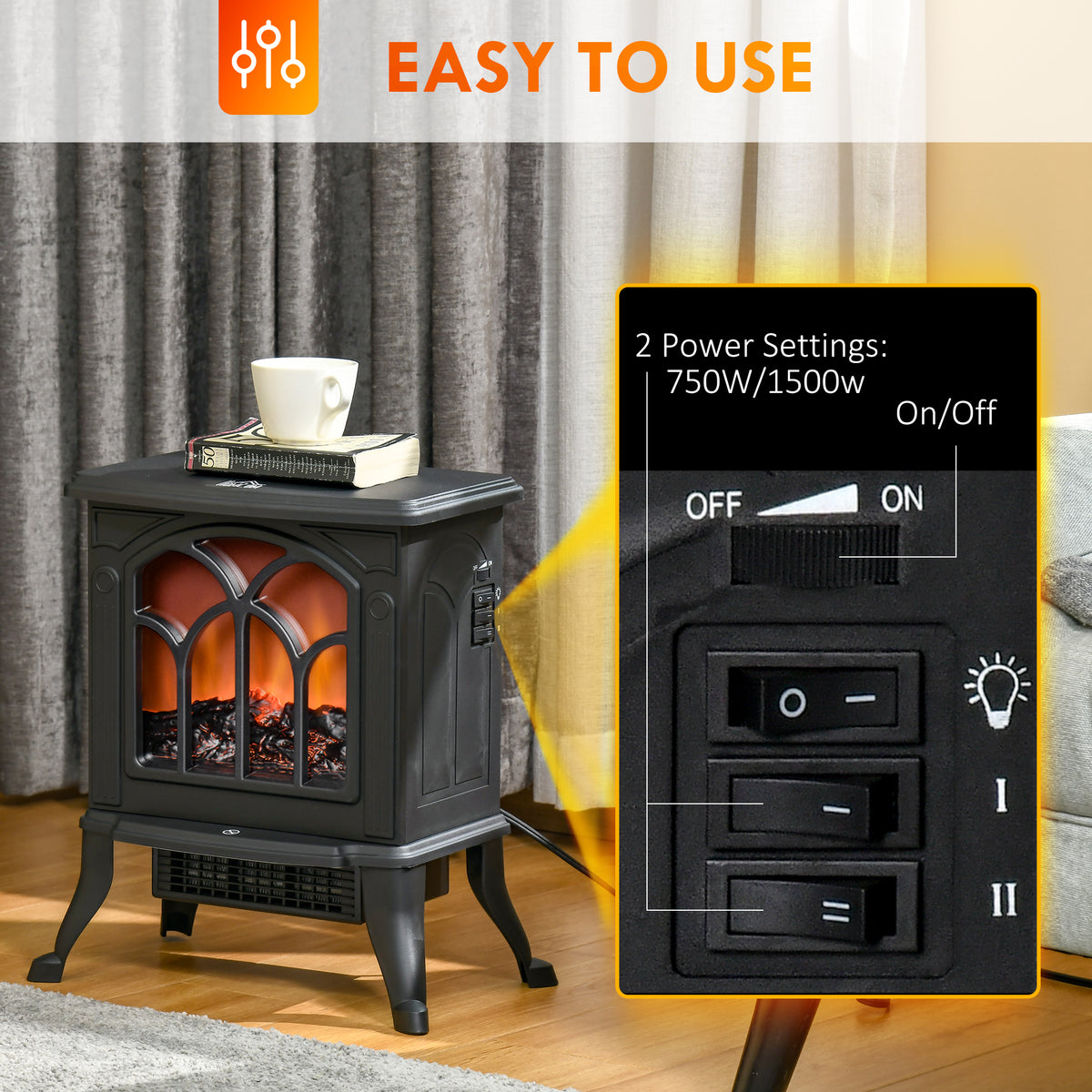 Freestanding Electric Fireplace Stove - 1500W Black-Electric Fireplaces-DECOROLALA