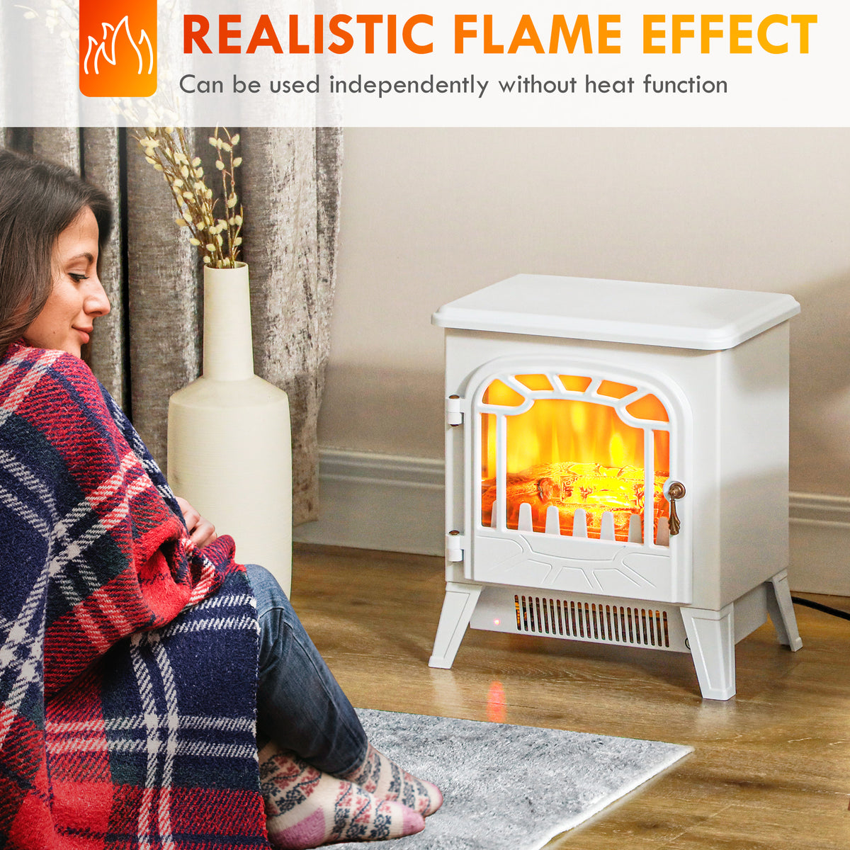 Freestanding Electric Fireplace Stove Heater 1500W - White-Electric Fireplaces-DECOROLALA