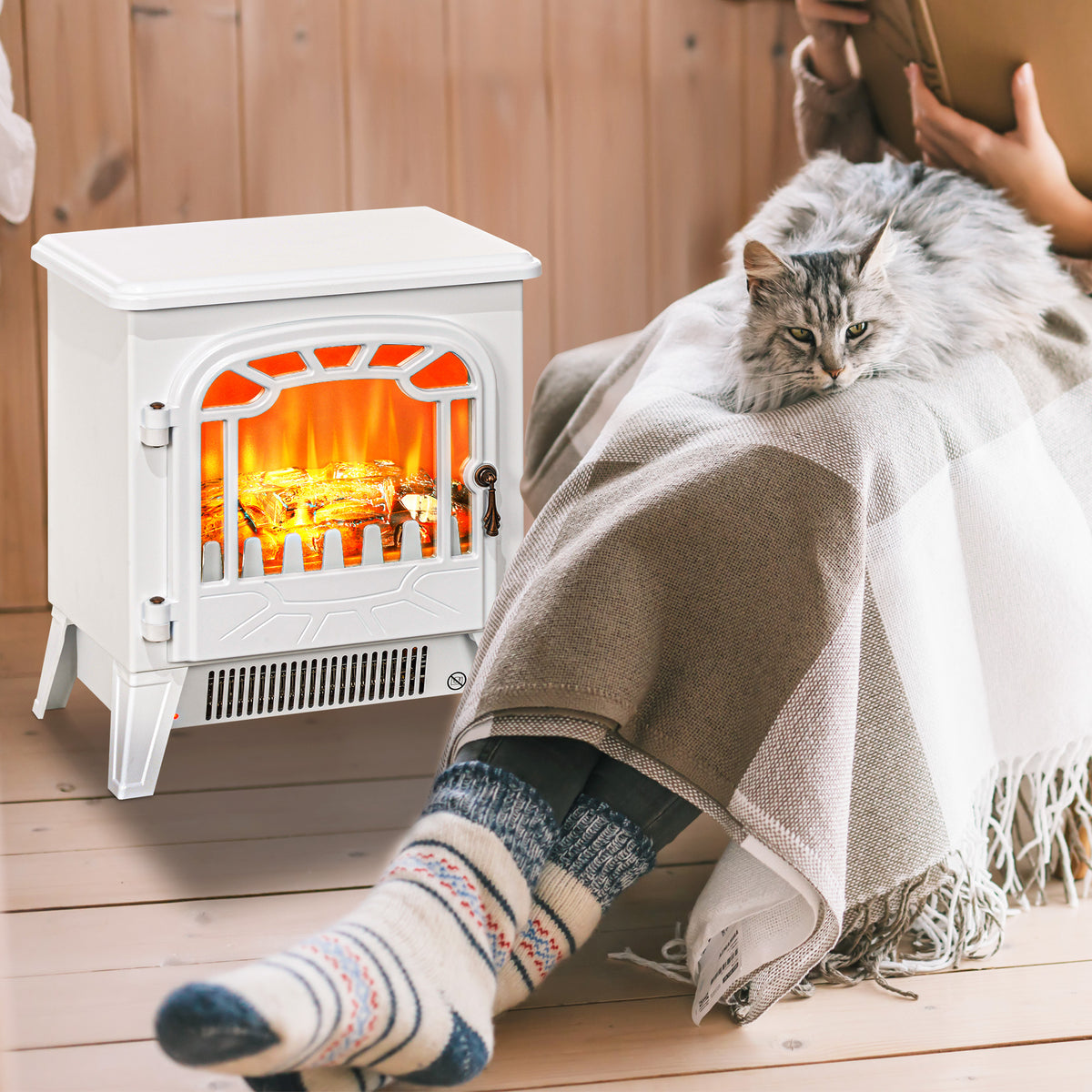 Freestanding Electric Fireplace Stove Heater 1500W - White-Electric Fireplaces-DECOROLALA